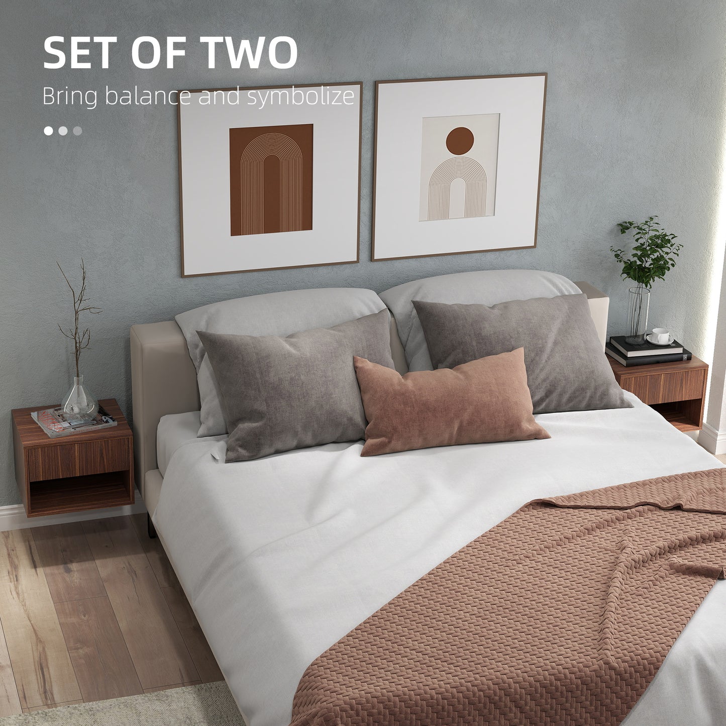 Floating Nightstand Set of 2, Wall Mounted Bedside Table with Drawer for Bedroom, Brown