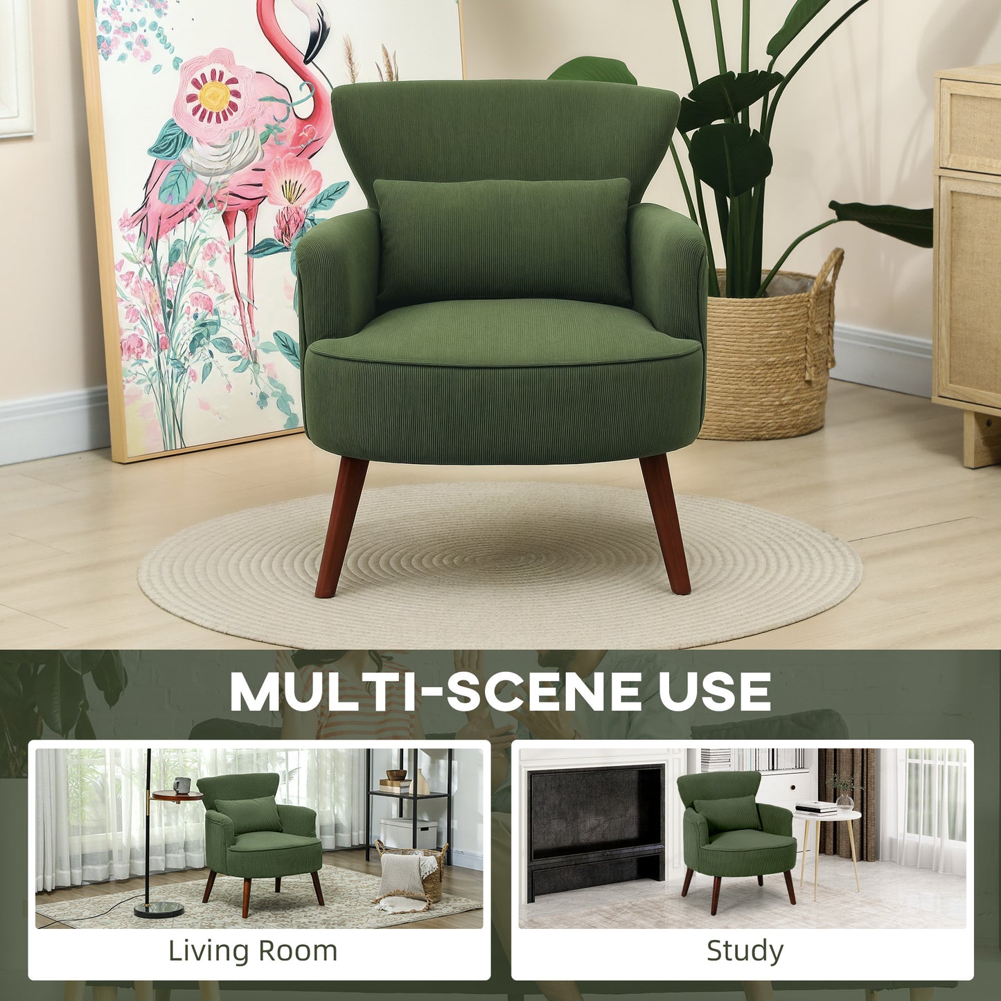 Modern Accent Chair, Upholstered Armchair with Solid Wood Legs and Lumbar Pillow for Living Room, Green