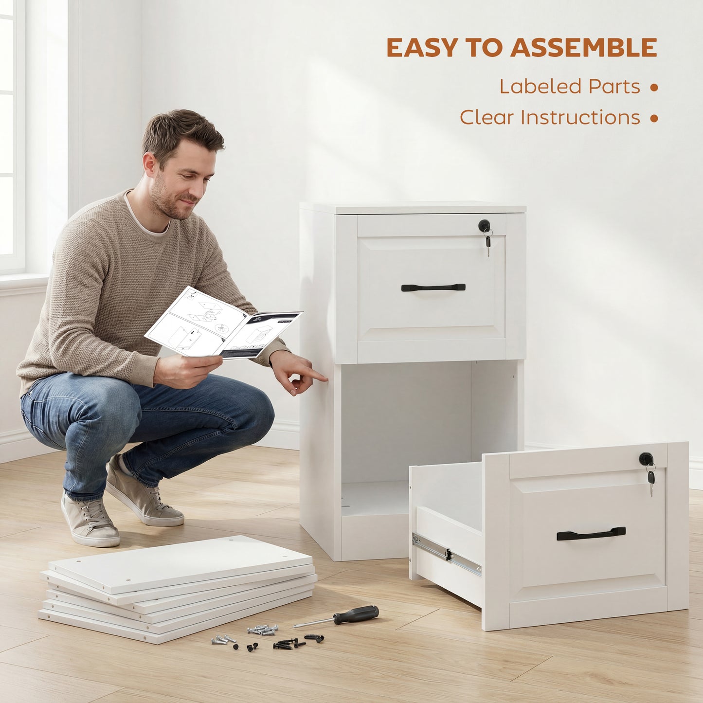 2 Drawer File Cabinet with Lock, Vertical Filing Cabinet with Adjustable Hanging Bars for A4 and Letter Size, White