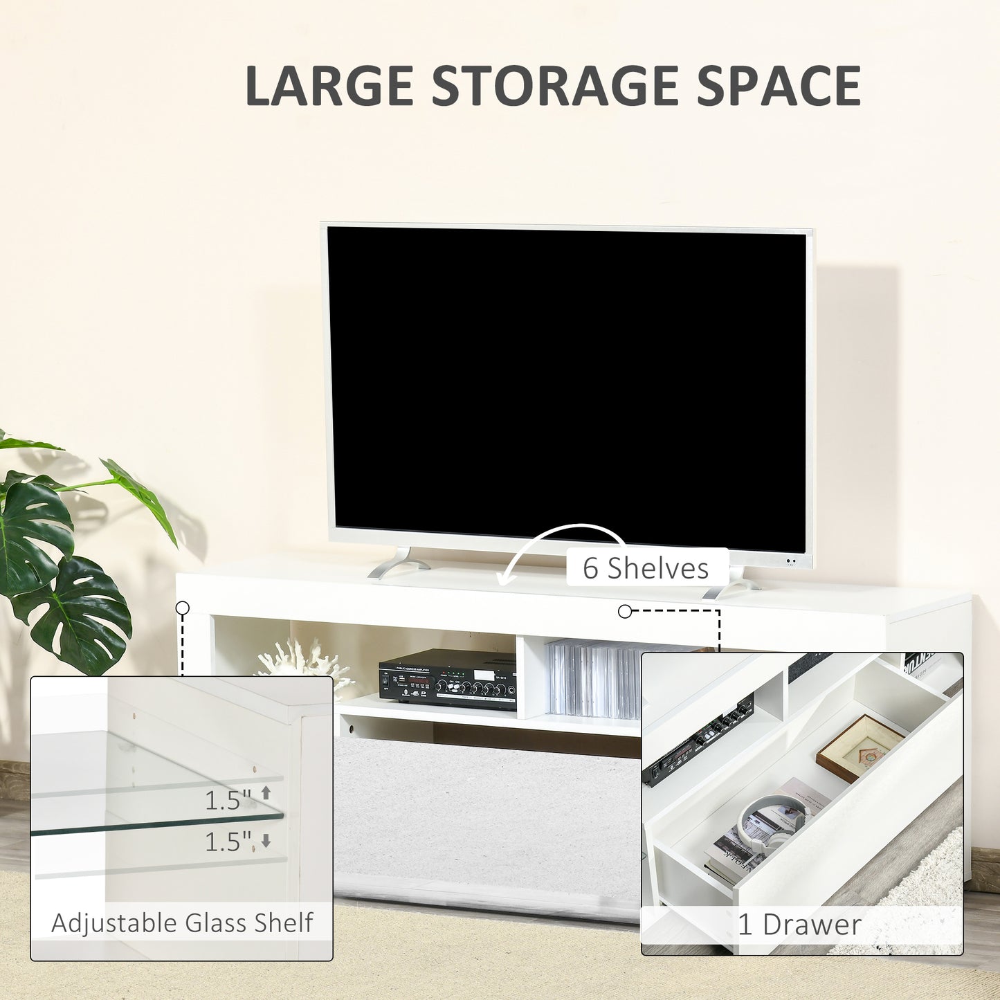 TV Stand for 55-Inch TVs, High Gloss TV Bench with LED Lights, Remote Control, Storage Drawer and Shelves, Entertainment Unit for Living Room, Bedroom, White