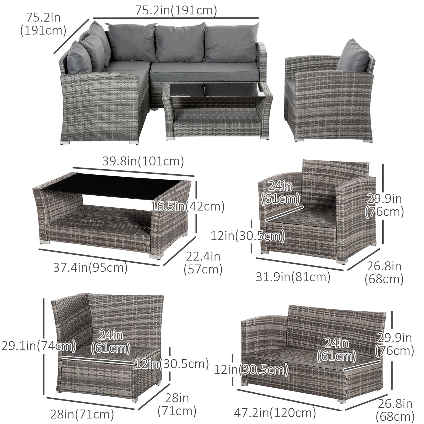 5 Pieces Wicker Patio Furniture Set with 4" Thick Cushions, Outdoor PE Rattan Garden Conversation Sectional Sofa Set with Glass Top Two-tier Coffee Table, Grey