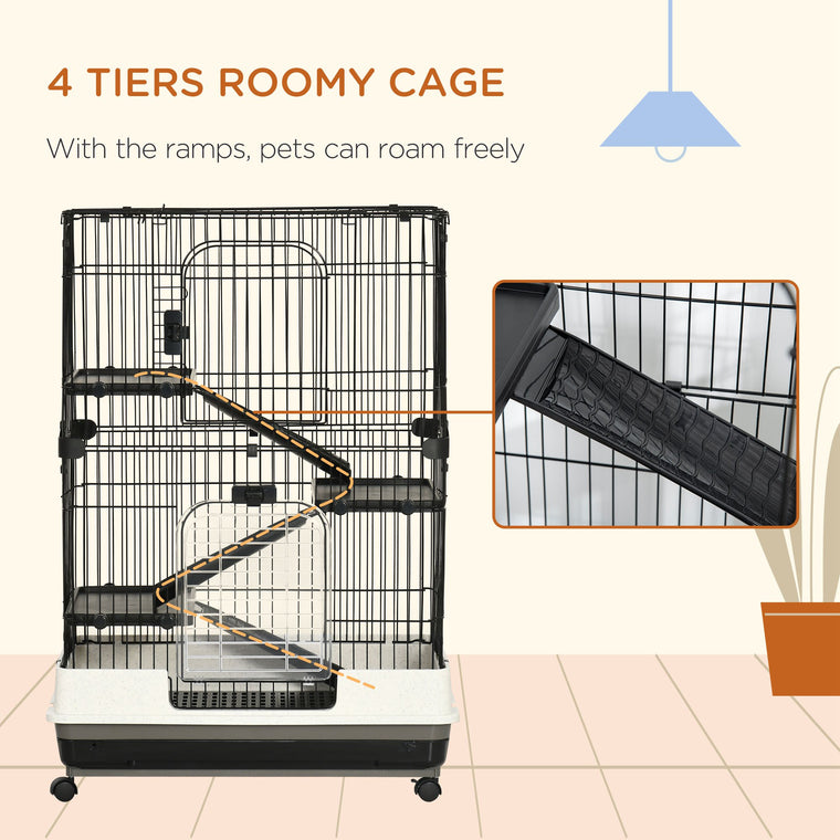 45"H Black 4-Level Guinea Pig Cage with Wheels & Ramp