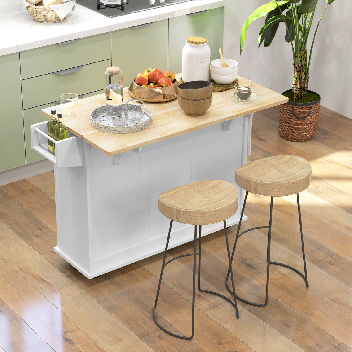 Kitchen Island on Wheels, Kitchen Cart with Drop Leaf, Drawers, White