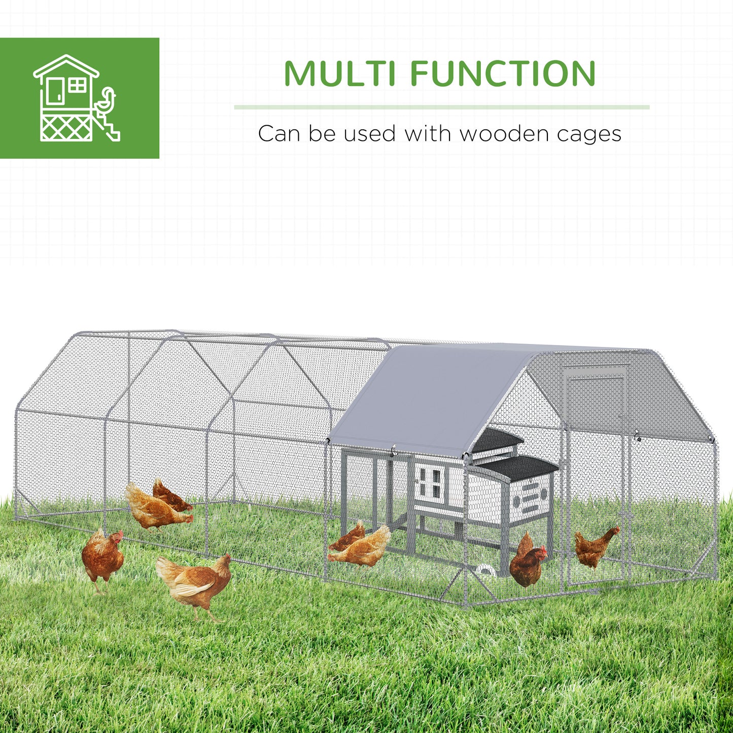 Chicken Run Outdoor, Galvanized Large Metal Chicken Coop Cage, Walk-in Enclosure Poultry Hen Run House Playpen Rabbit Hutch with Flat Roof, Cover