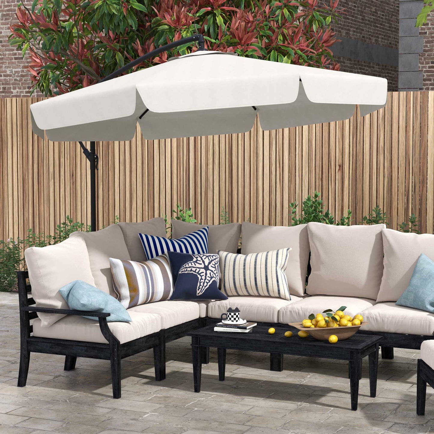 11 FT Cantilever Patio Umbrella Offset Parasol with Cross Base and 8 Ribs for Garden, Cream White