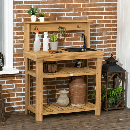 Yellow Wood Potting Bench Table with Faucet & Storage Shelves