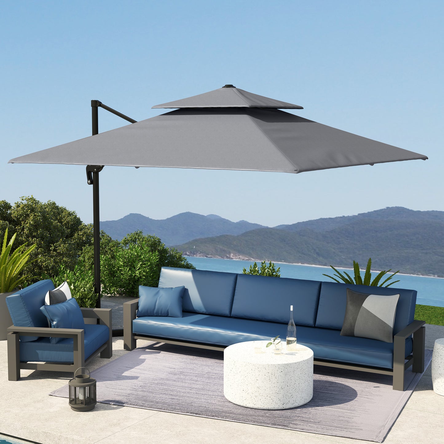 10' x 10' Cantilever Patio Umbrella, Double Top Square Offset Umbrella with 360° Rotation, Light Grey