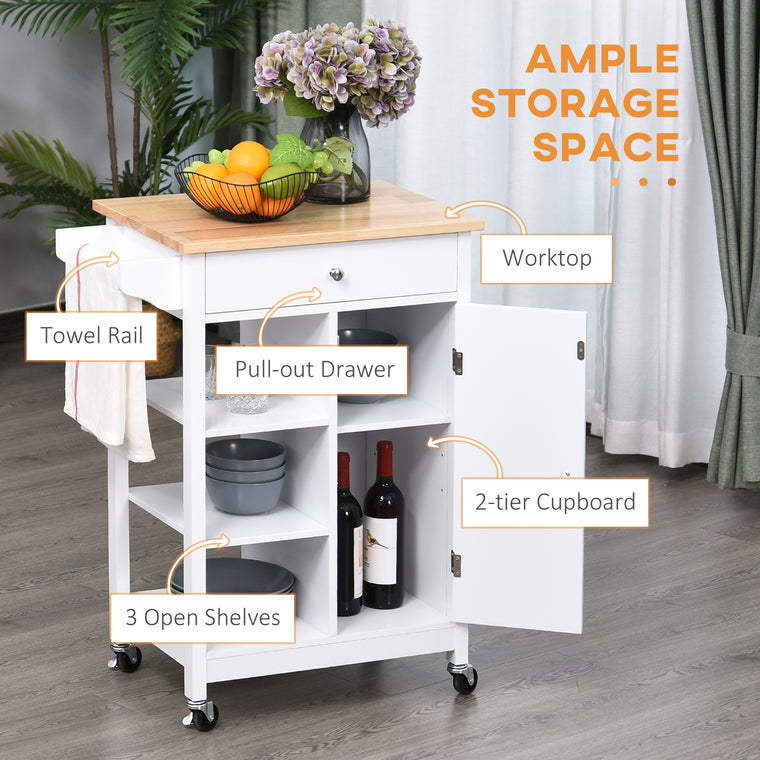 Rolling Kitchen Island with Wood Top and Cabinet - White