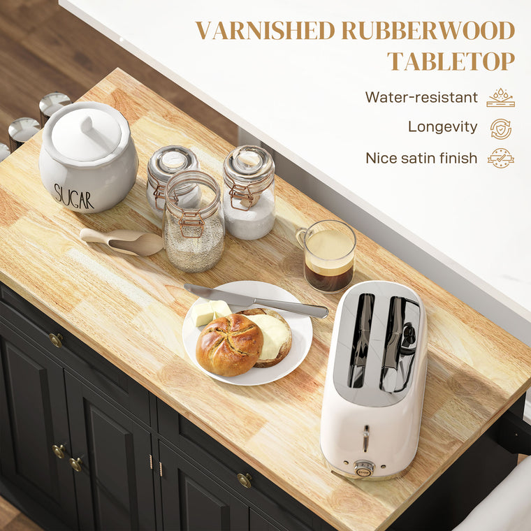 Rolling Kitchen Island with Wood Top and Spice Rack - Black