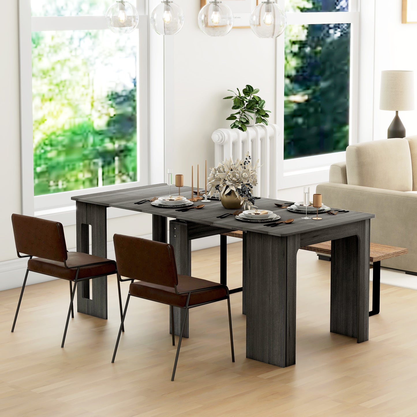 23.6"-70.9" Extendable Dining Table for 6-8 People, Space-Saving Rectangular Kitchen Table for Small Spaces, Dining Room, Kitchen, Living Room, Grey