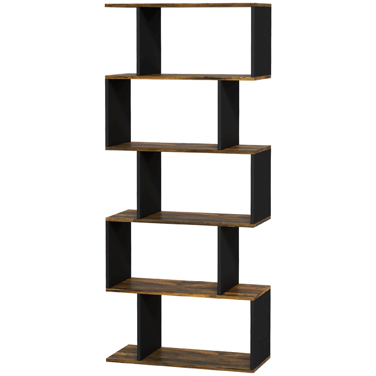 5-Tier Bookshelf, Geometric S-Shaped Bookcase, Tall Narrow Display Shelf for Living Room, Study Room, Rustic Brown