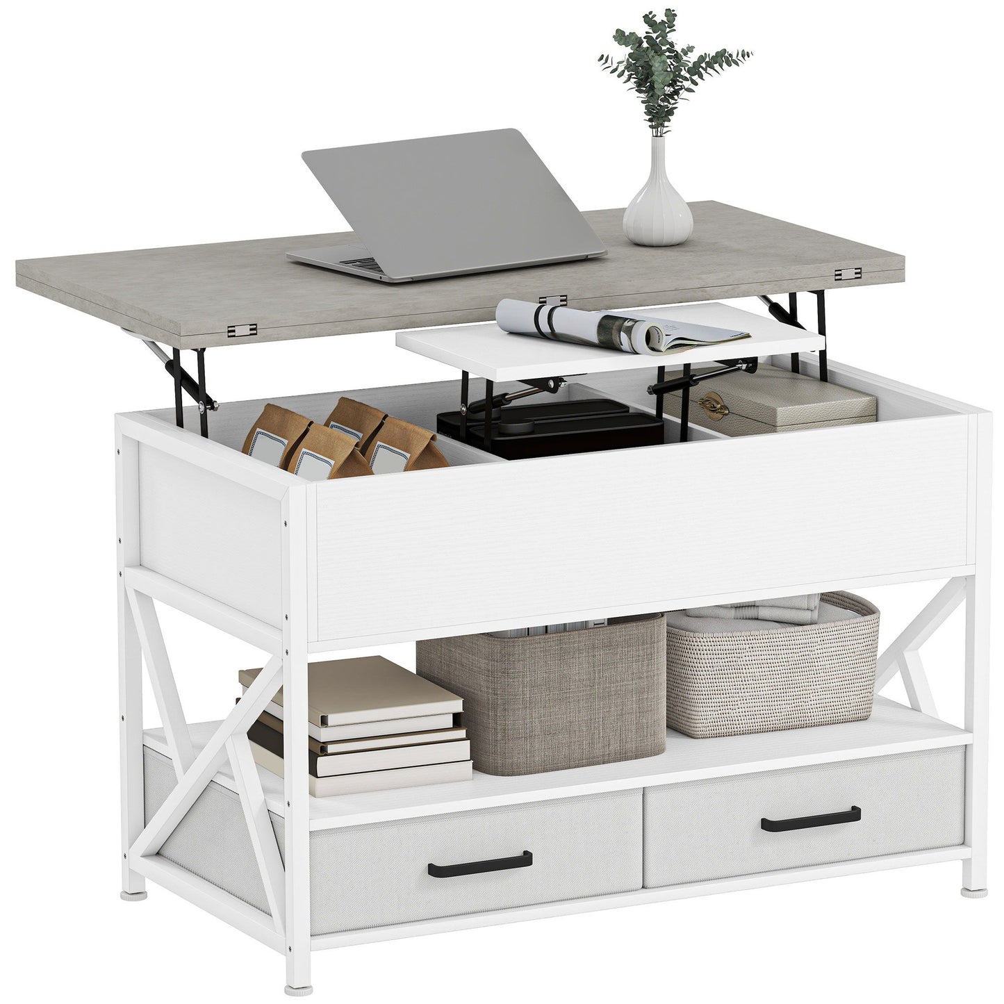 Modern Coffee Table, Lift Top Center Table with Fabric Drawers and Hidden Storage for Living Room, Cement Grey