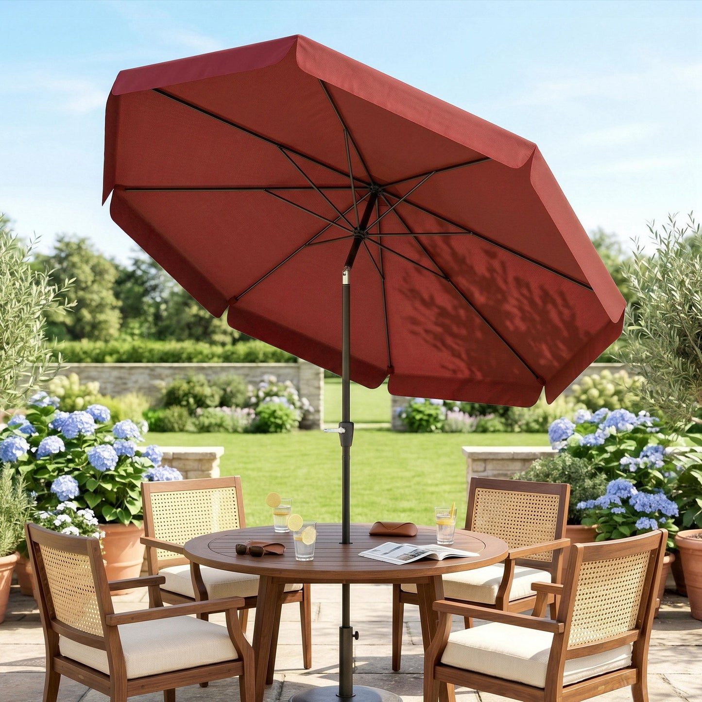 8.5 ft Outdoor Market Table Umbrella, Round Patio Umbrella with Tilt and Crank for Garden, Backyard, Deck, Wine Red