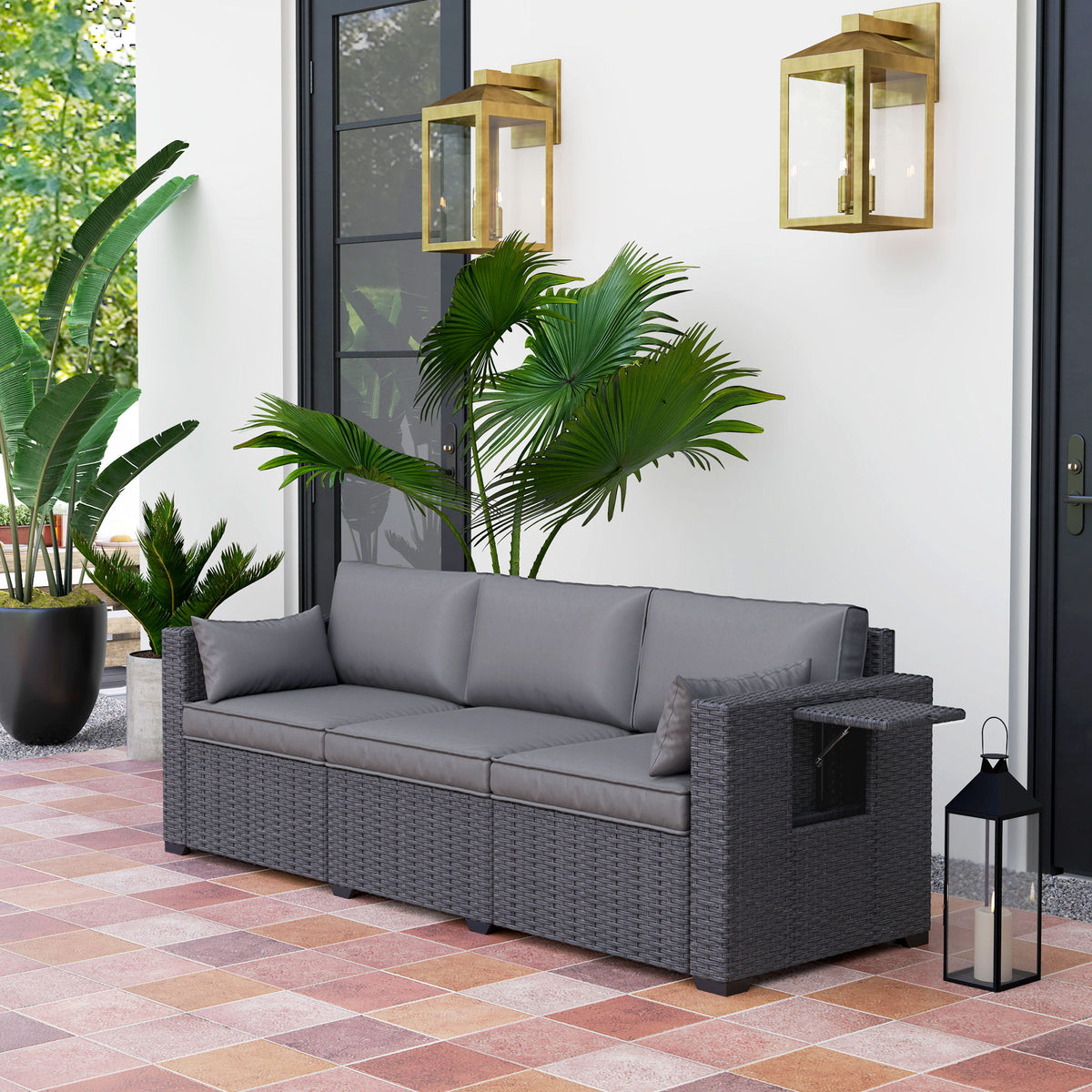 3 Seater Wicker Patio Sofa with Side Trays, Outdoor Couch with 6" Thick Back Cushions, Deep Seating, Grey