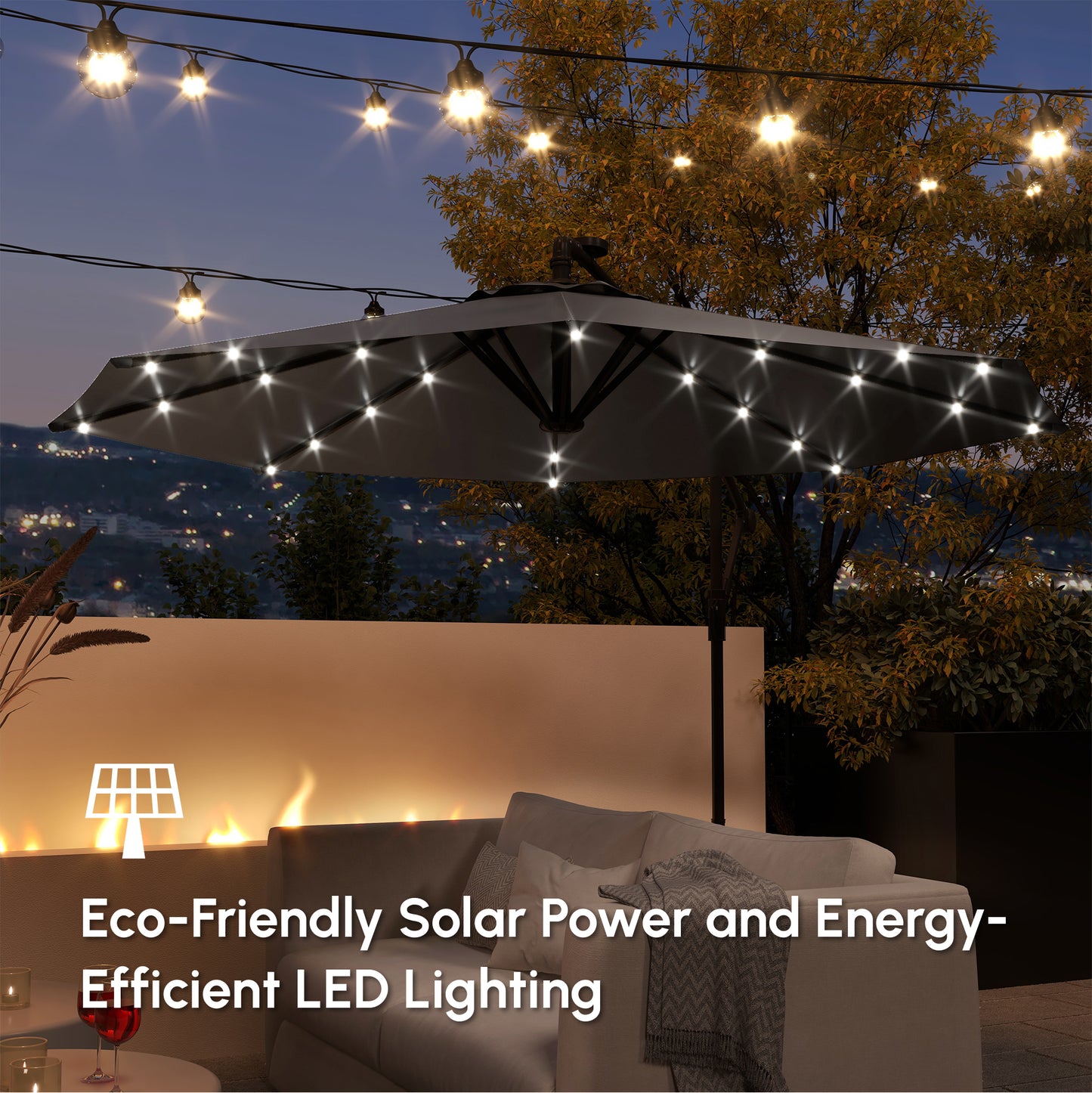 9.5' Dark Grey Offset Parasol with Solar LED Lights