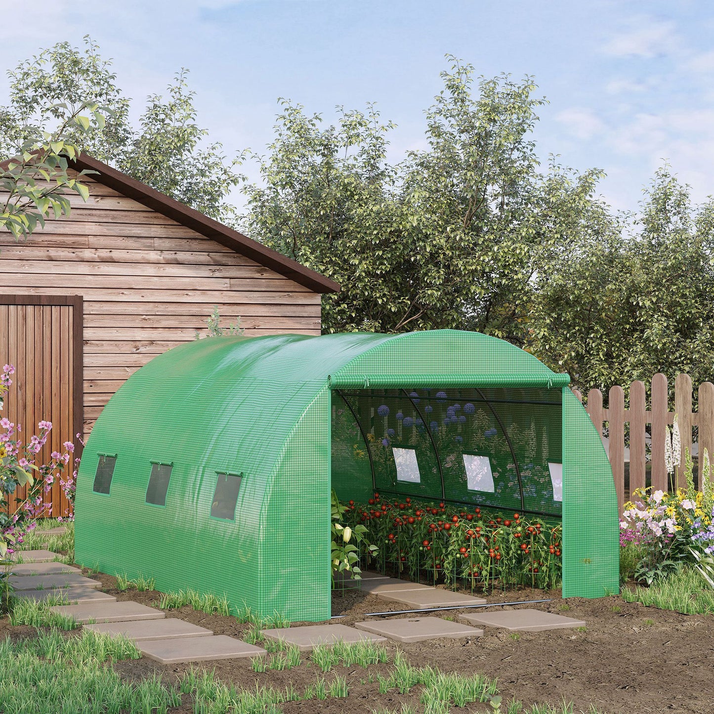 13' x 10' x 6.6' Walk-in Polytunnel Greenhouse, Outdoor Garden Tunnel Greenhouse Tent with Zipped Roll-Up Door and 6 Mesh Windows, Green