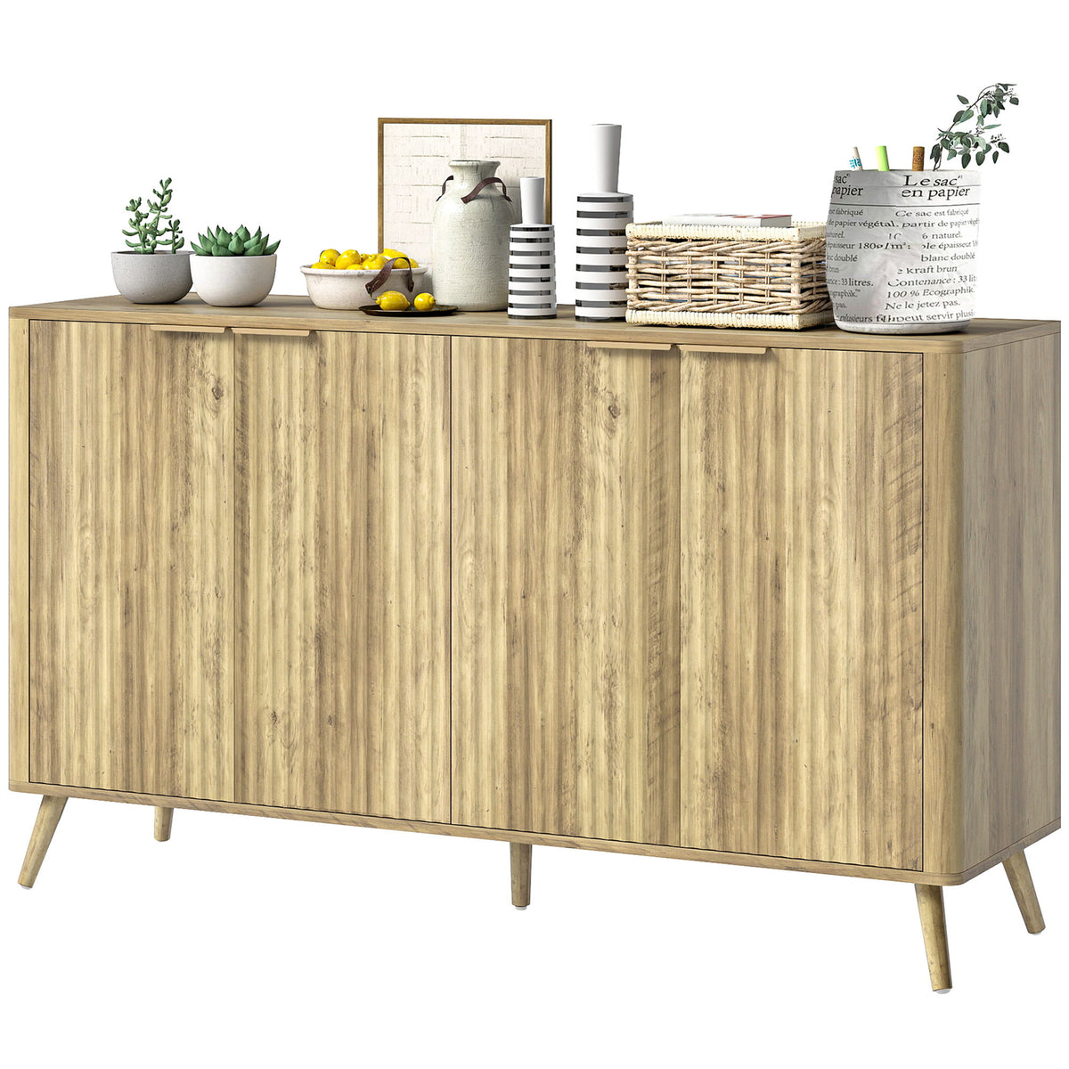 55" Buffet Cabinet, Modern Sideboard with 4 Fluted Doors and 2 Adjustable Shelves for Kitchen, Living Room, White