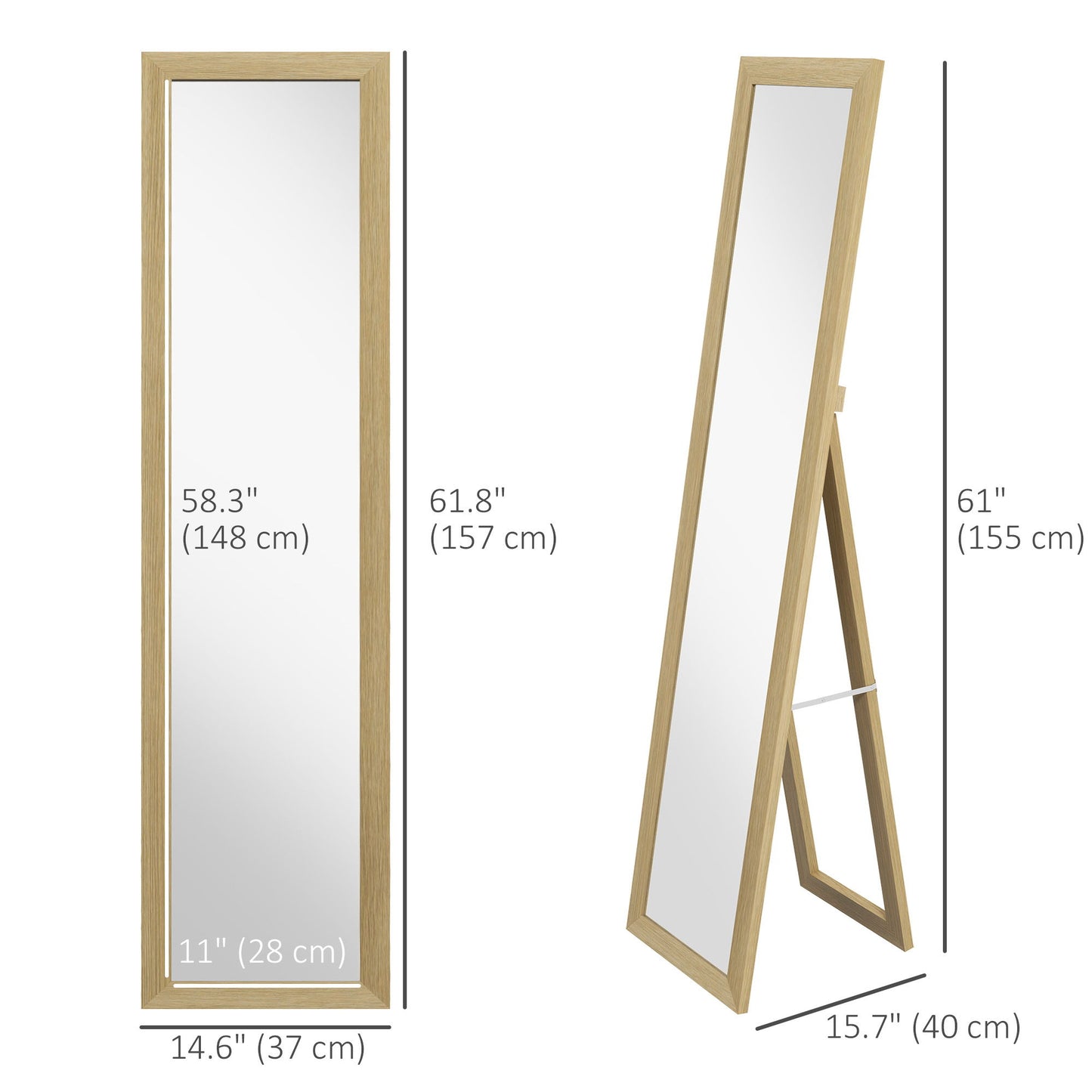15" x 62" Full Length Mirror for Bedroom, Free Standing Dressing Mirror, Wall Mirror for Living Room, Oak