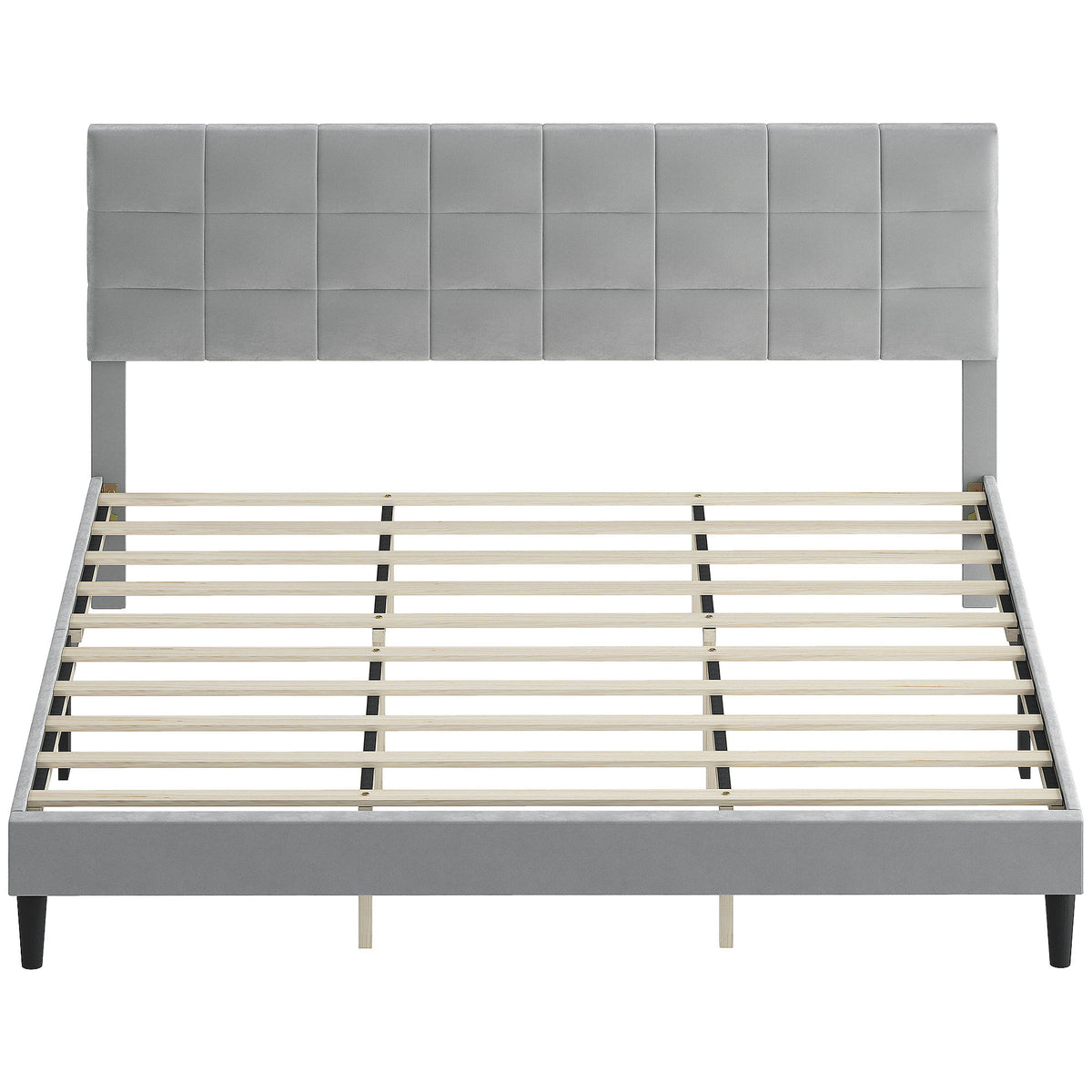 King Size Bed Frame with Upholstered Headboard, Modern Platform Bed Frame with Wood Slats, 1100 lbs Capacity, Grey