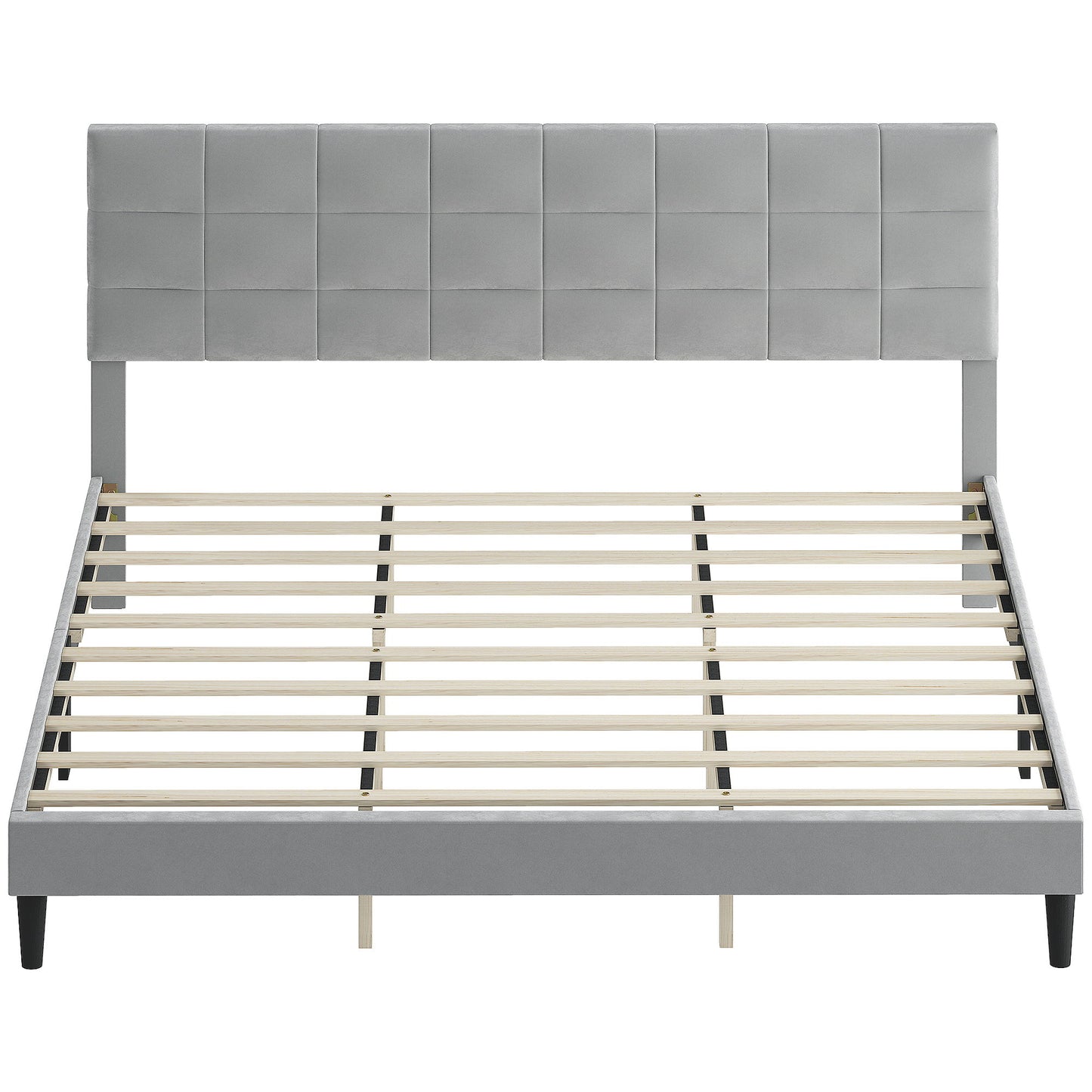King Size Bed Frame with Upholstered Headboard, Modern Platform Bed Frame with Wood Slats, 1100 lbs Capacity, Grey