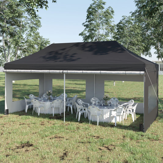 20' x 10' Folding Pop Up Canopy Tent with Sidewalls, Windows, Weight Bags and Carrying Bag, Black