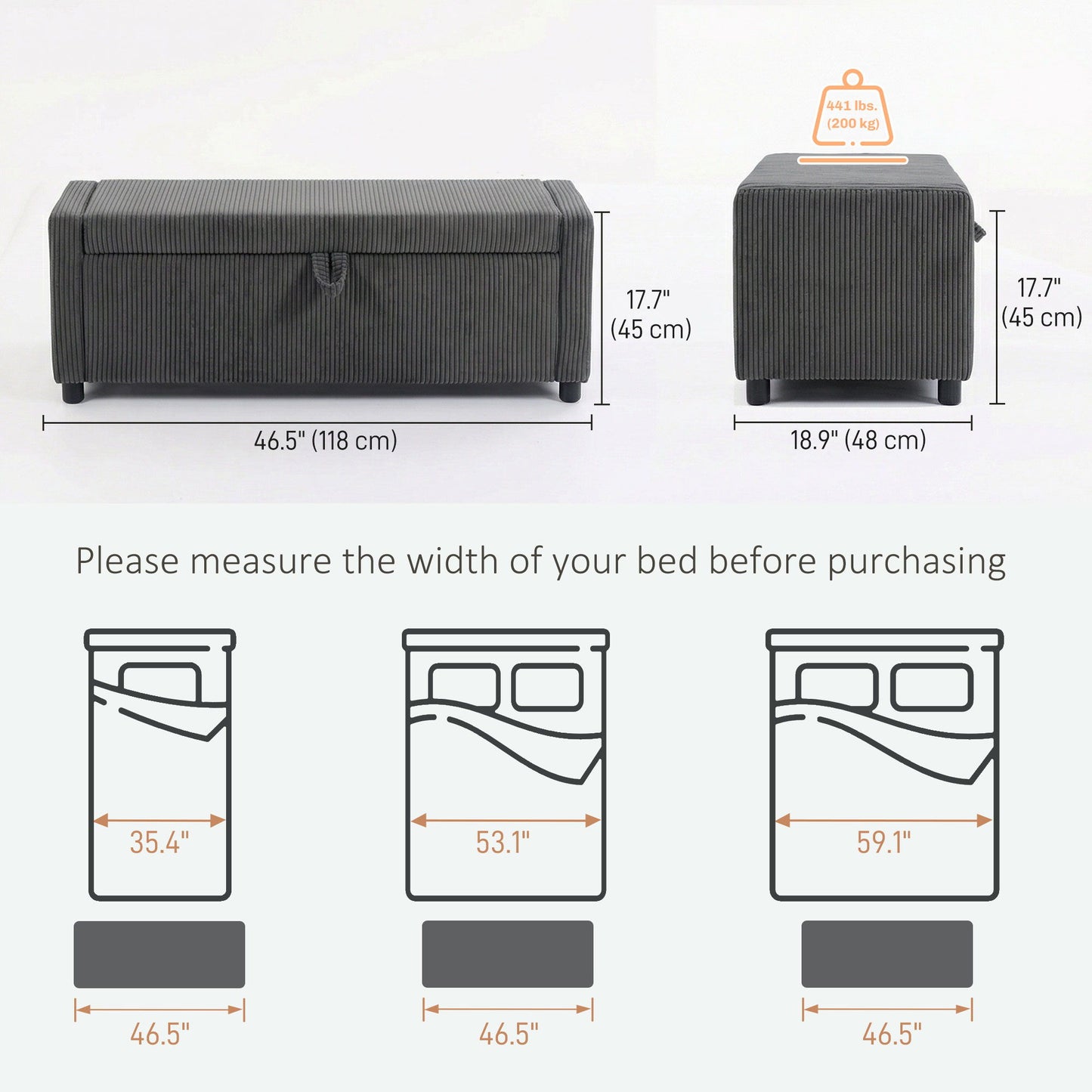 Storage Ottoman, Upholstered Corduroy End of Bed Bench with Thick Padding, Storage Bench for Bedroom, Dark Grey