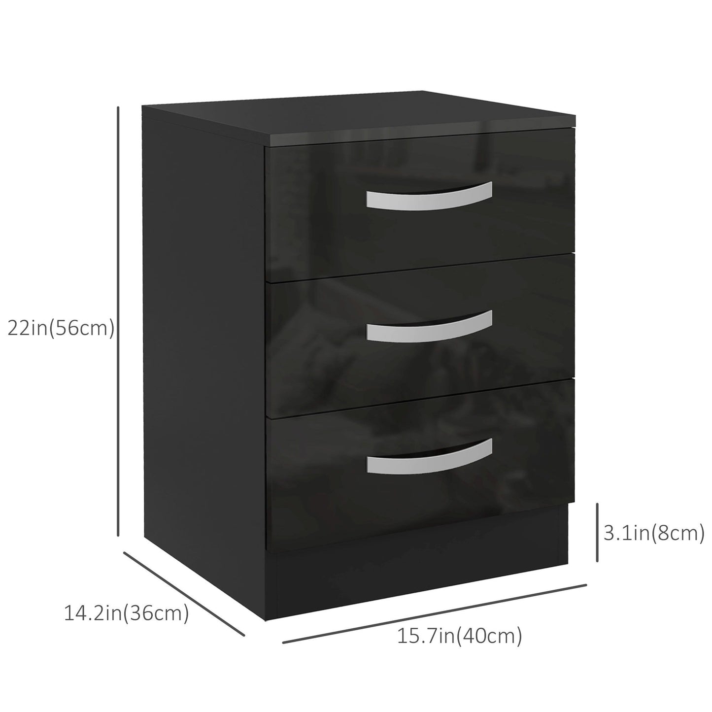 Bedside Table Set of 2, Modern Nightstand with Drawers and High Gloss Fronts, Night Table for Bedroom, Black