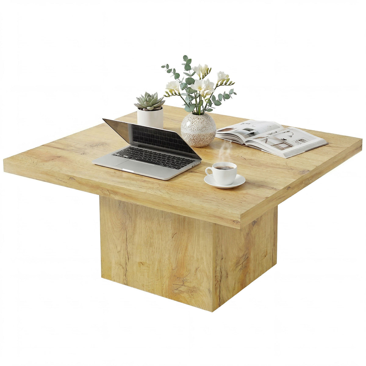Square Coffee Table, Center Table with 1.6" Thick Tabletop, Natural Wood