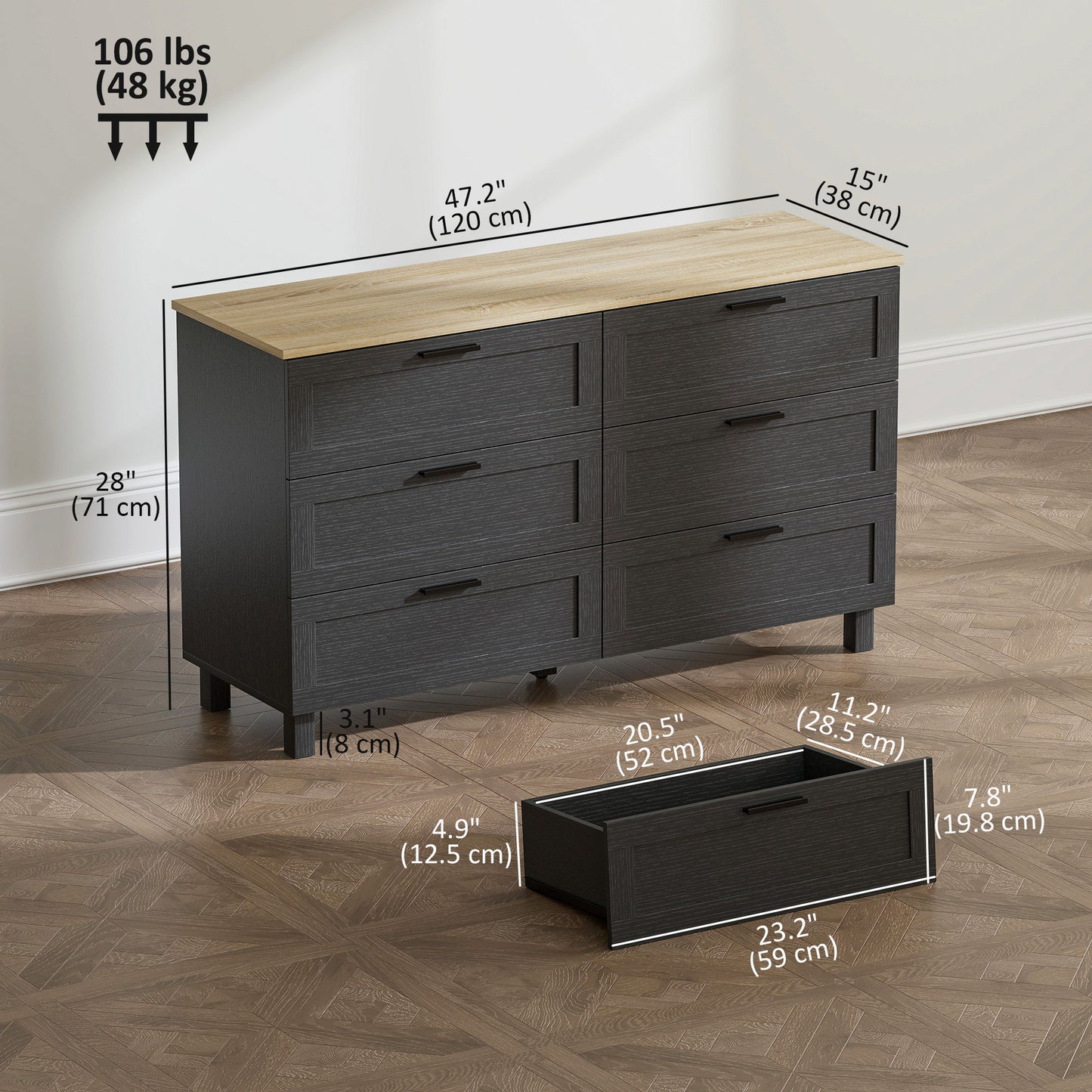 47" Wide Chest of Drawers, Modern Dresser with 6 Drawers and Wood Legs for Bedroom, Living Room, Entryway, Black