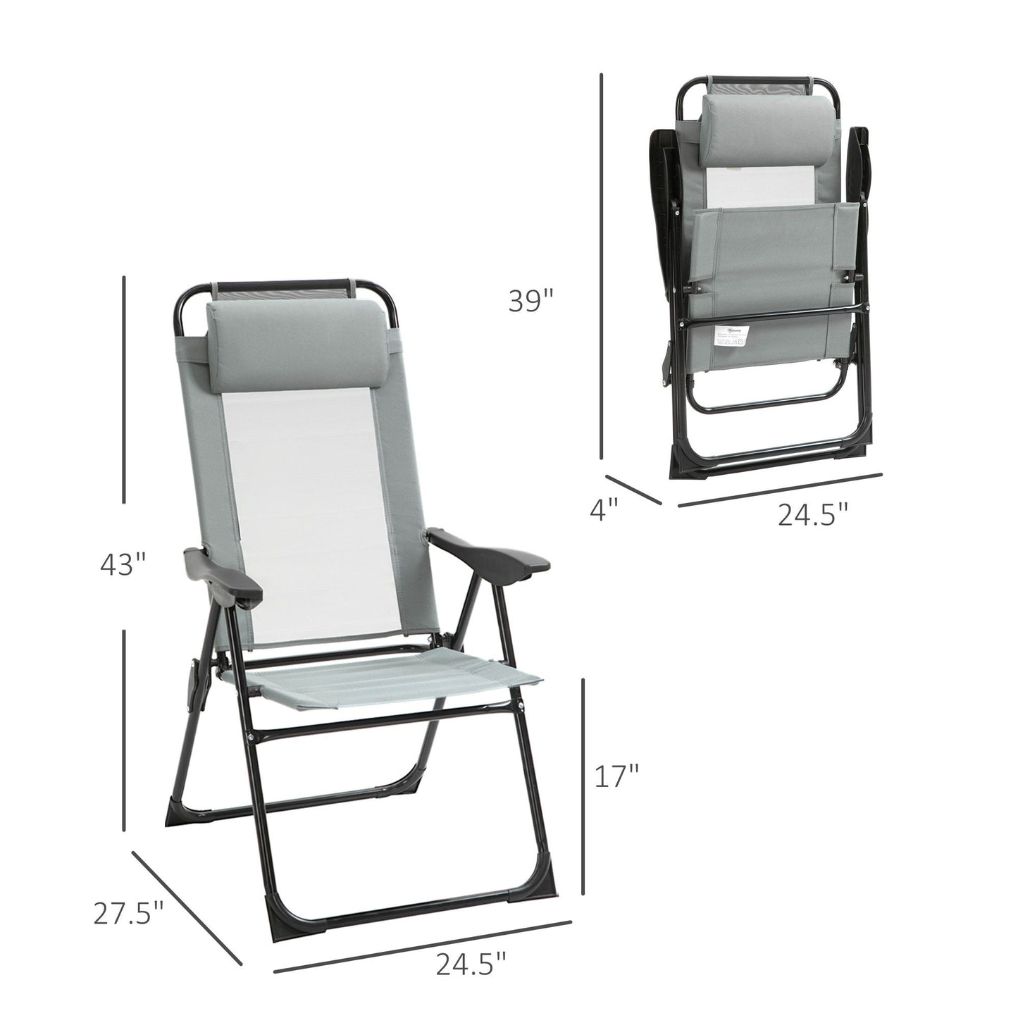 Set of 4 Camping Chairs, Outdoor Folding Lounge Chair Set with 5 Level Adjustable Backrest, Removable Headrest, Armrest for Camping, Backyard, Grey