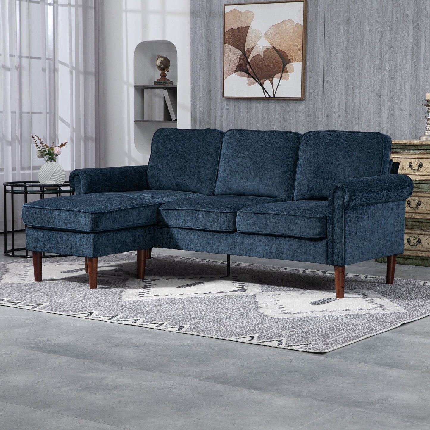 L Shape Sofa, Modern Sectional Couch with Changeable Chaise Lounge, Wooden Legs, Corner Sofa for Living Room, Dark Blue