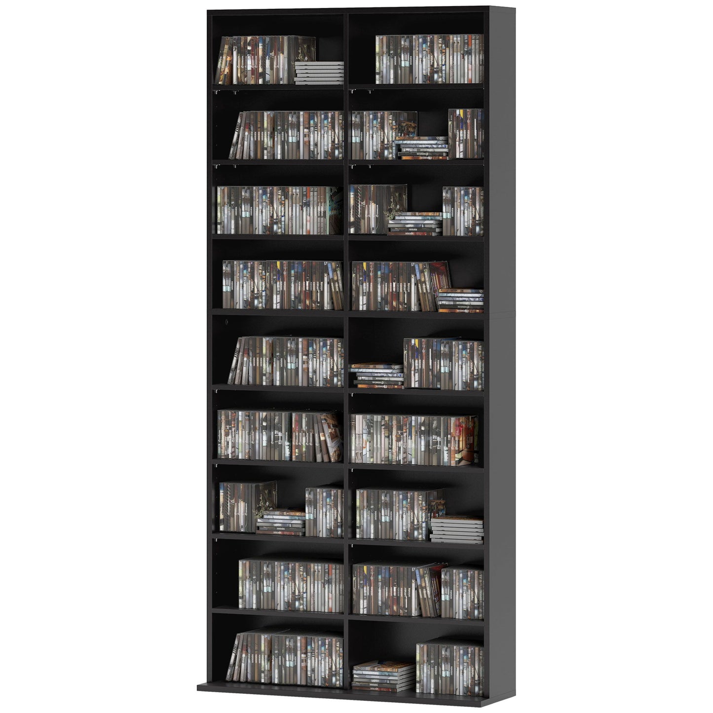 9-Tier DVD Shelf with 18 Compartments and 14 Adjustable Shelves, Holds 640 CDs, 360 DVDs or 430 Blu-rays, Black