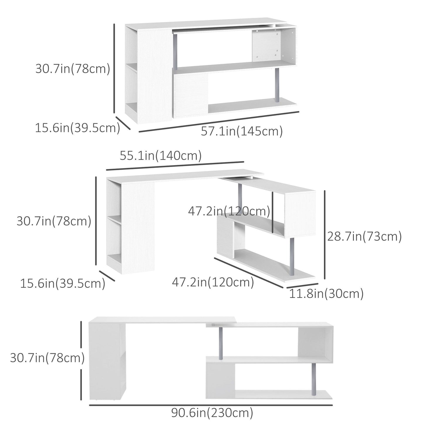 55" Rotating L-Shaped Corner Desk with Shelves - White