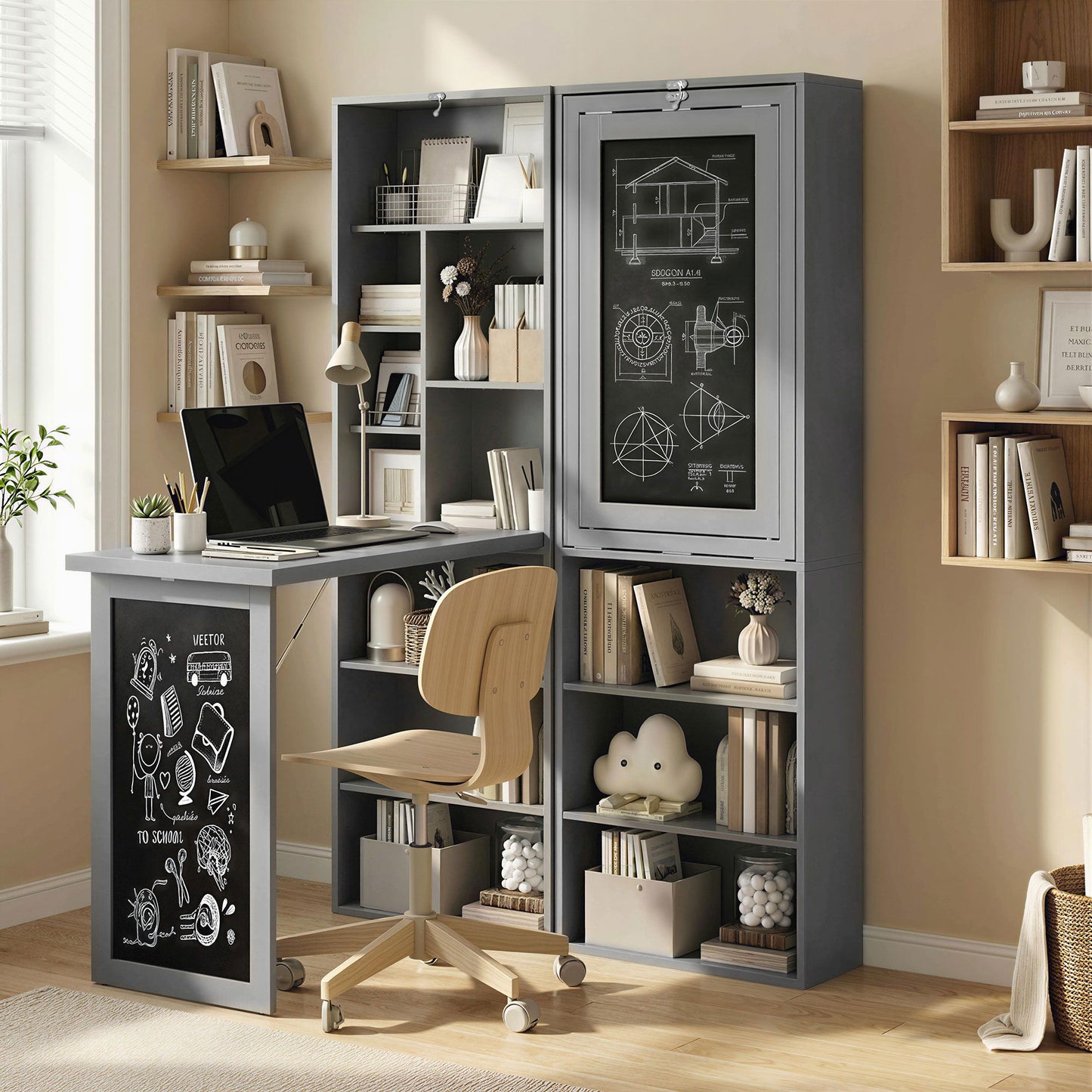 Fold-out Convertible Office Desk, Wall Mount Computer Desk with Blackboard and Side Shelf, Charcoal Grey