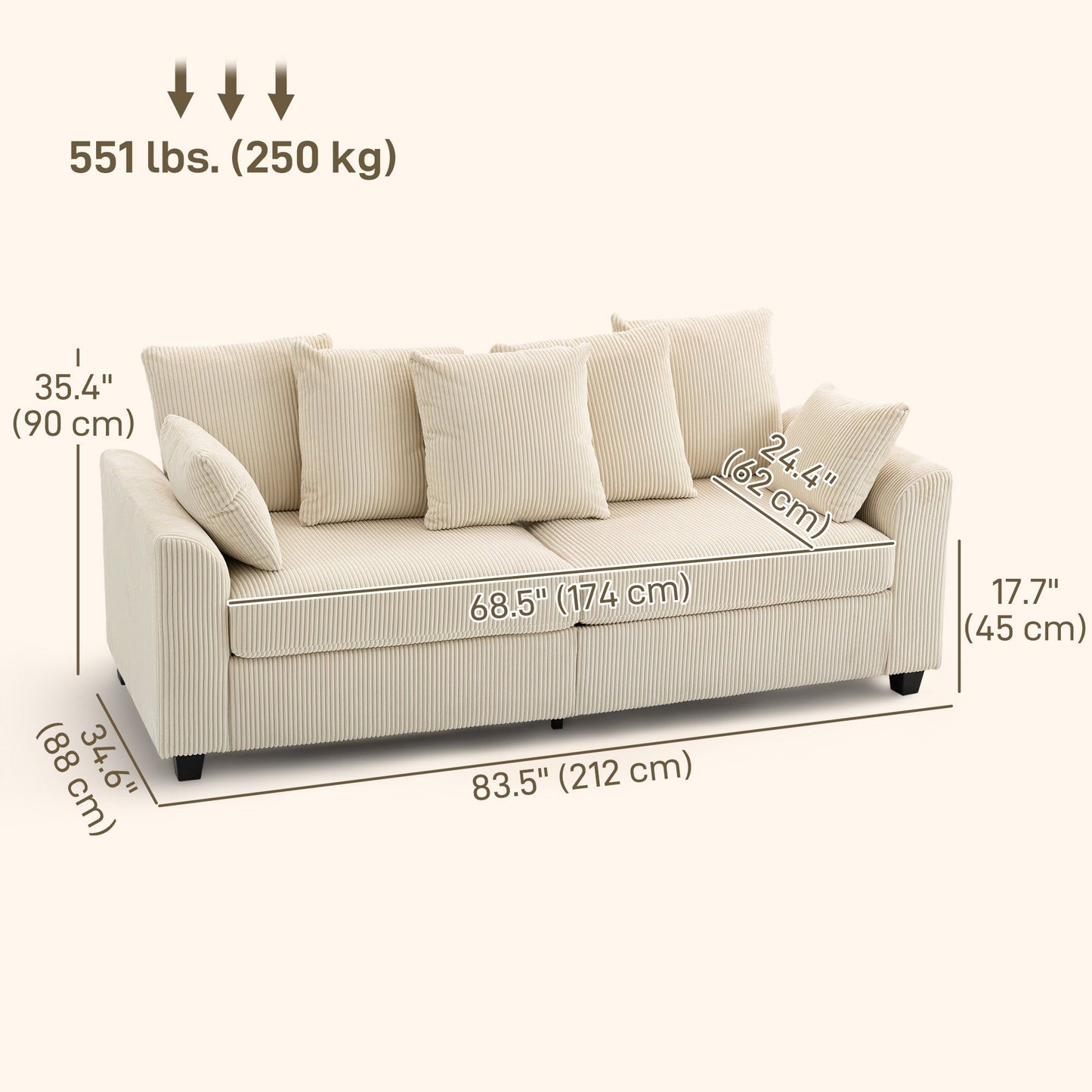 3-Seater Corduroy Sofa with Curved Armrests - Beige