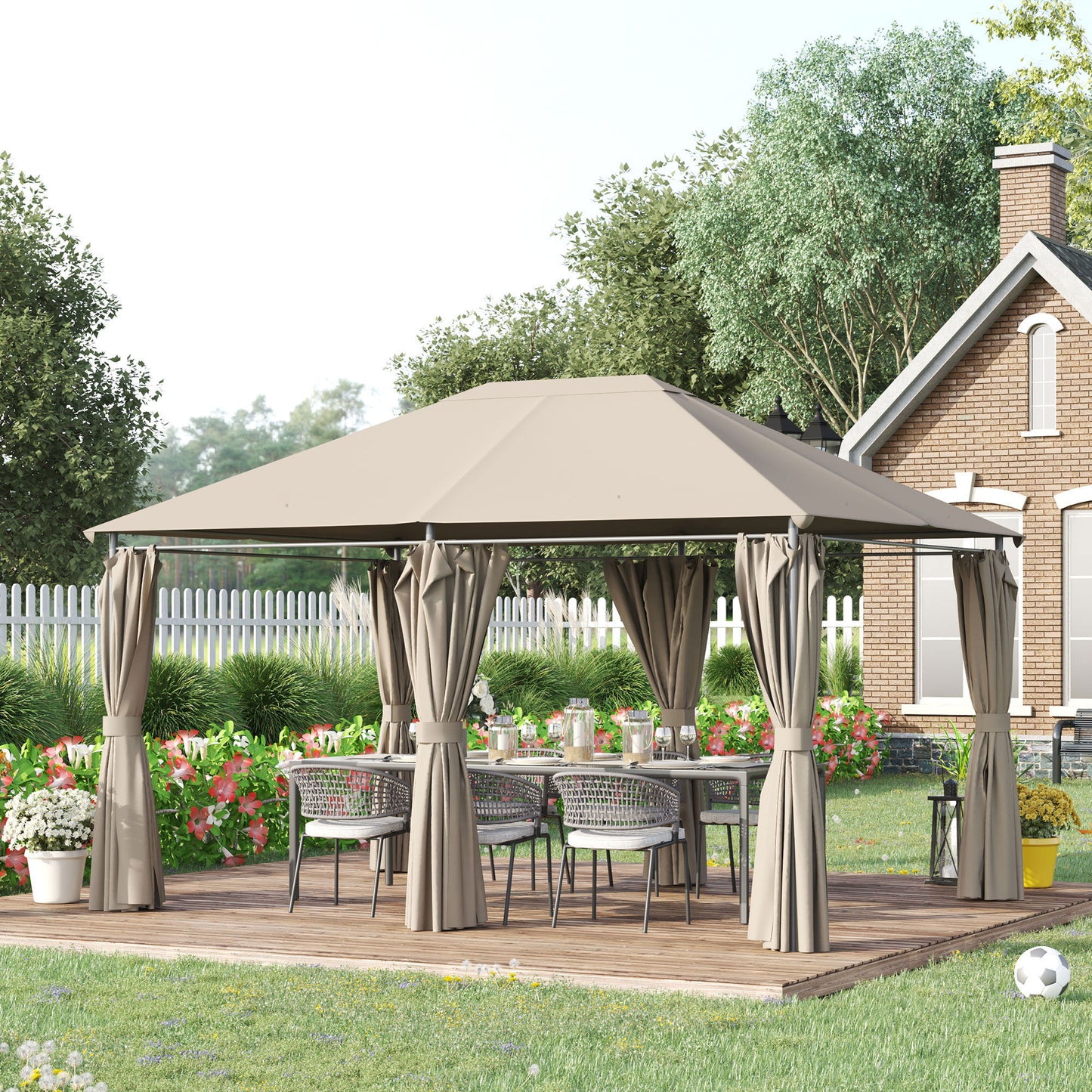 13'x 10' Soft-top Steel Patio Gazebo Canopy Party Tent with 6 Removable Curtains and Drainage Holes, Khaki