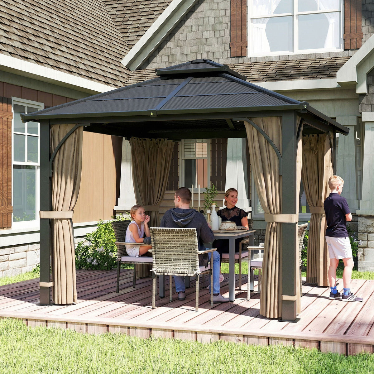 10' x 10' Hardtop Gazebo with 7mm Polycarbonate Double-Tier Roof, Outdoor Gazebo with Netting and Curtains, Khaki