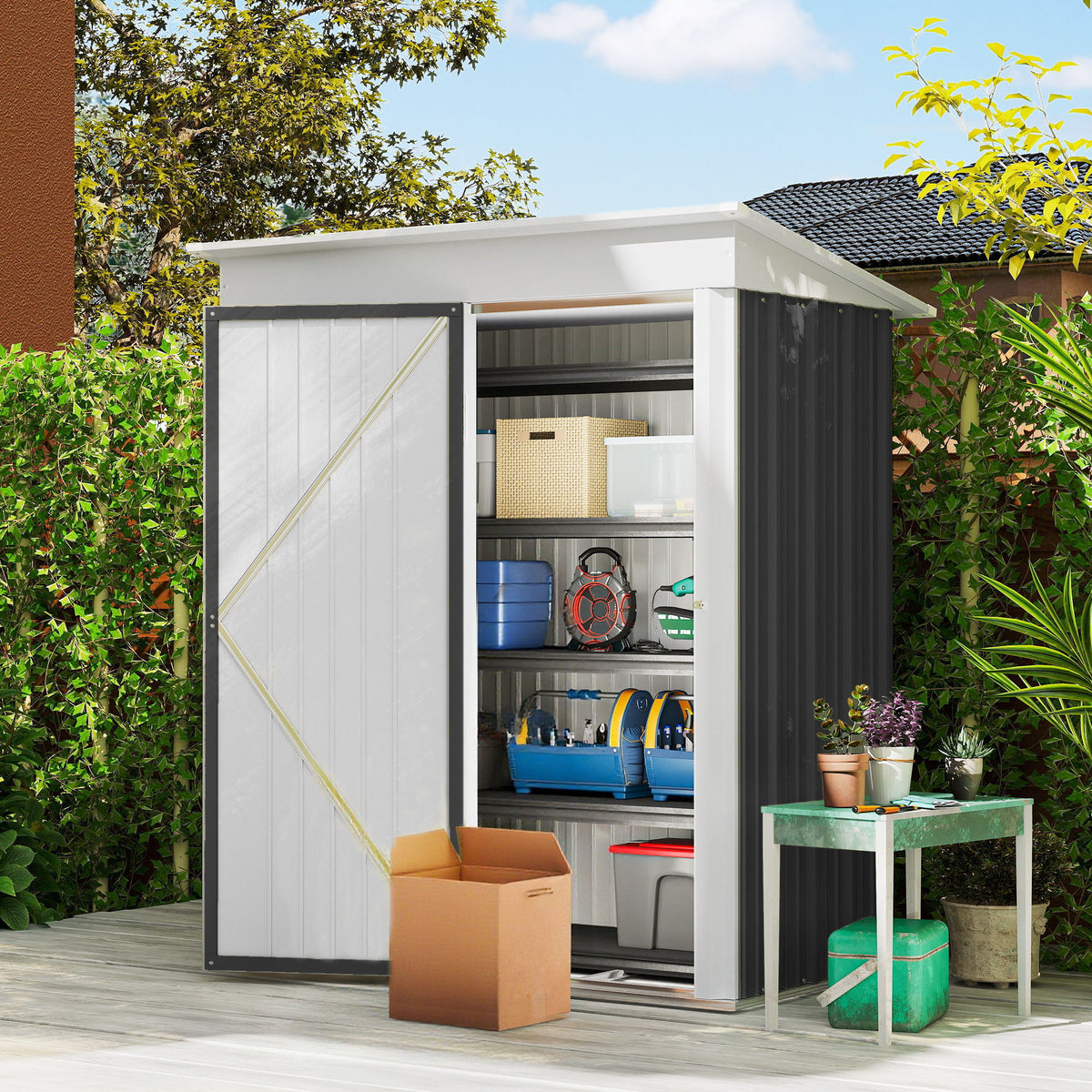 Outdoor Storage Shed, Steel Lean-to Shed with Adjustable Shelf, Lock, Gloves, 5'x3'x6', Dark Grey