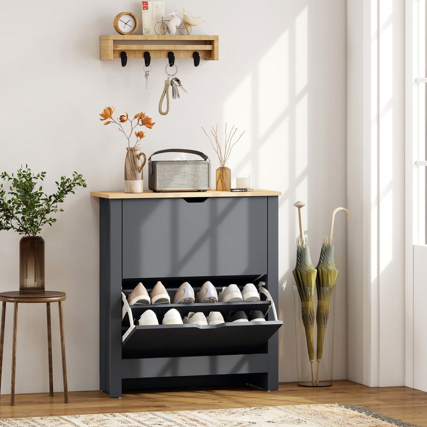 Shoe Storage Cabinet with 2 Flip Drawers and Adjustable Shelves for 8–12 Pairs of Shoes, Dark Grey