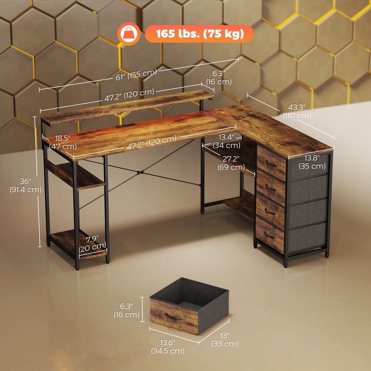 61" Gaming Desk with LED Lights and Power Outlets - Rustic Brown