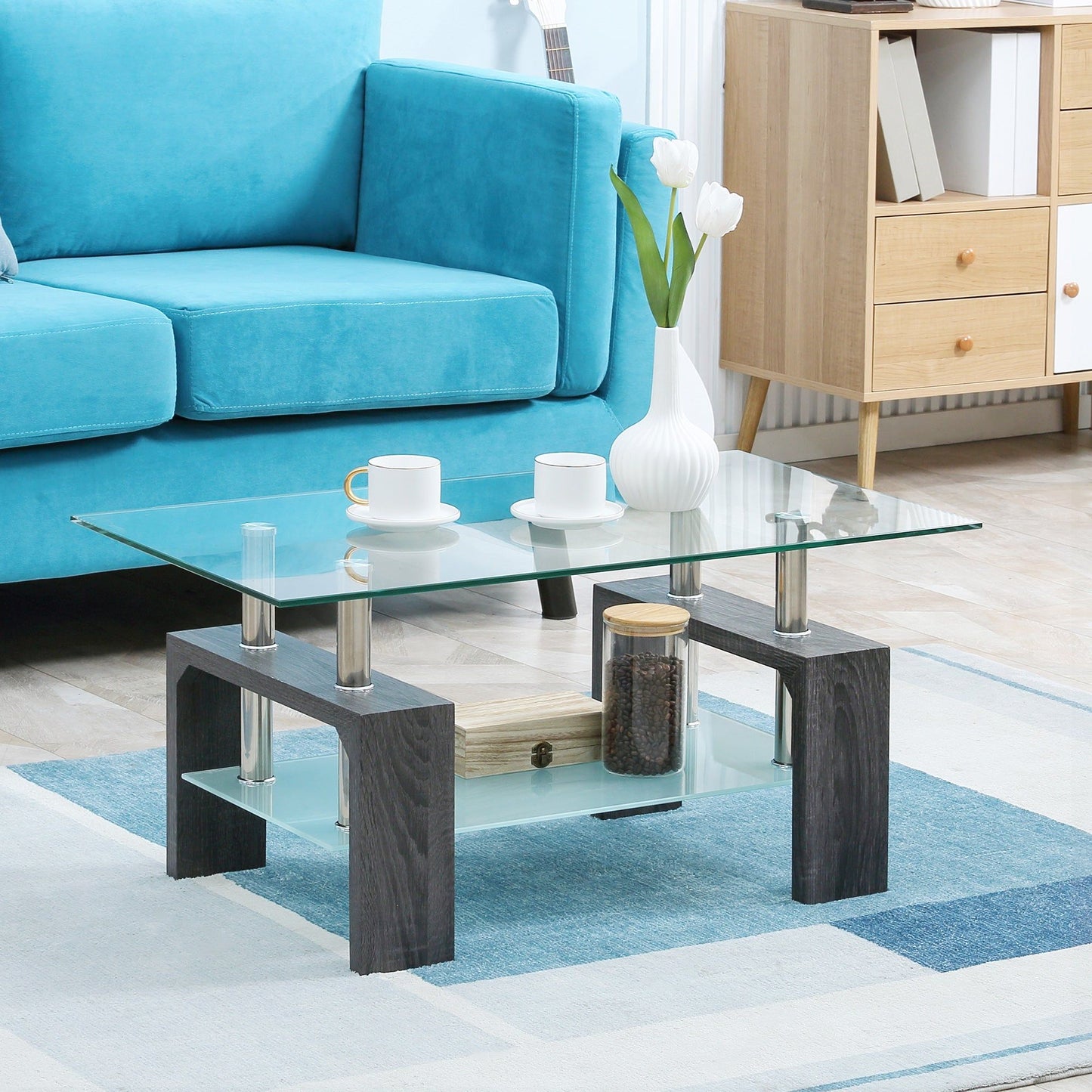 2-Tier Glass Coffee Table with Storage - Grey