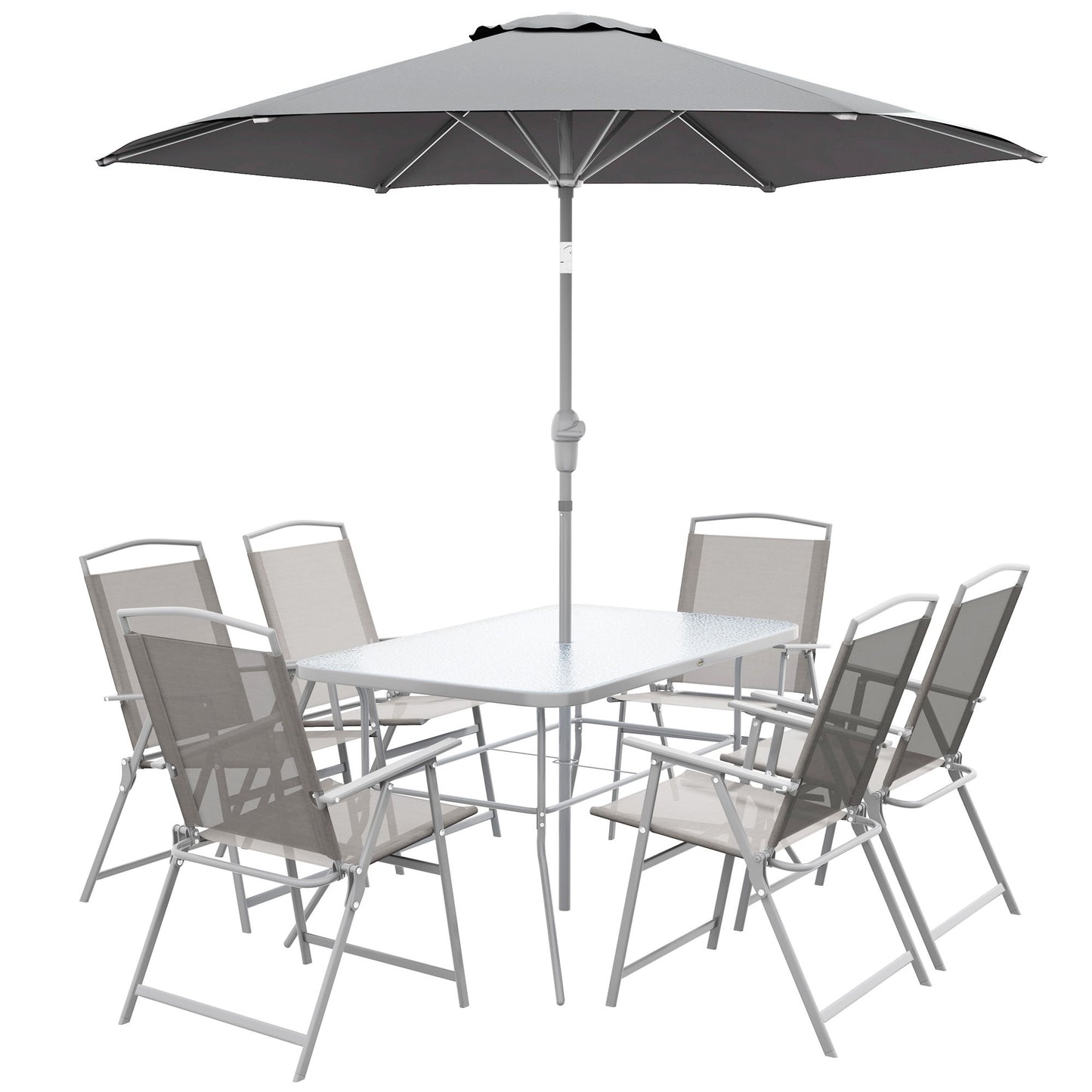 8 Piece Patio Dining Set with Table Umbrella, 6 Folding Chairs and Rectangle Dining Table, Grey