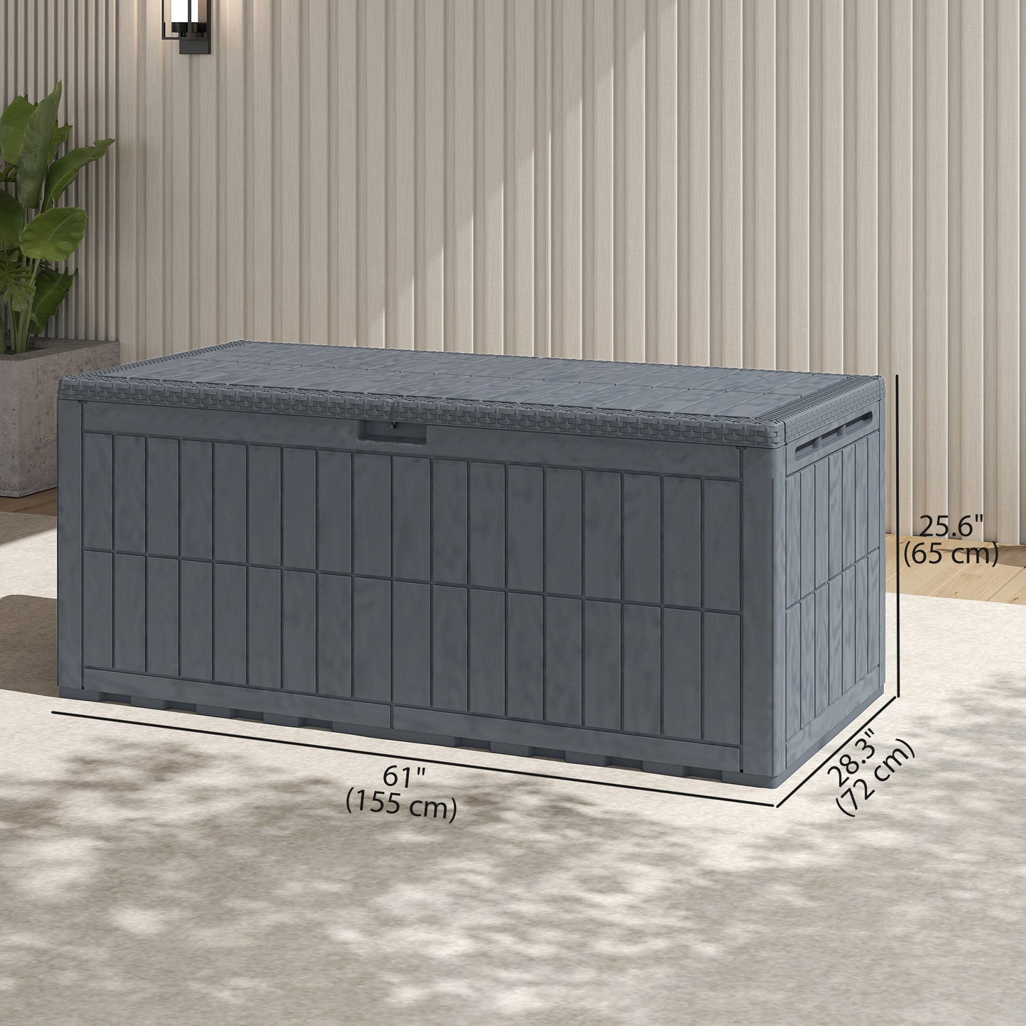100 Gallon Resin Deck Box, Waterproof Lockable Outdoor Storage Box with Pneumatic Gas Rods, Side Handles