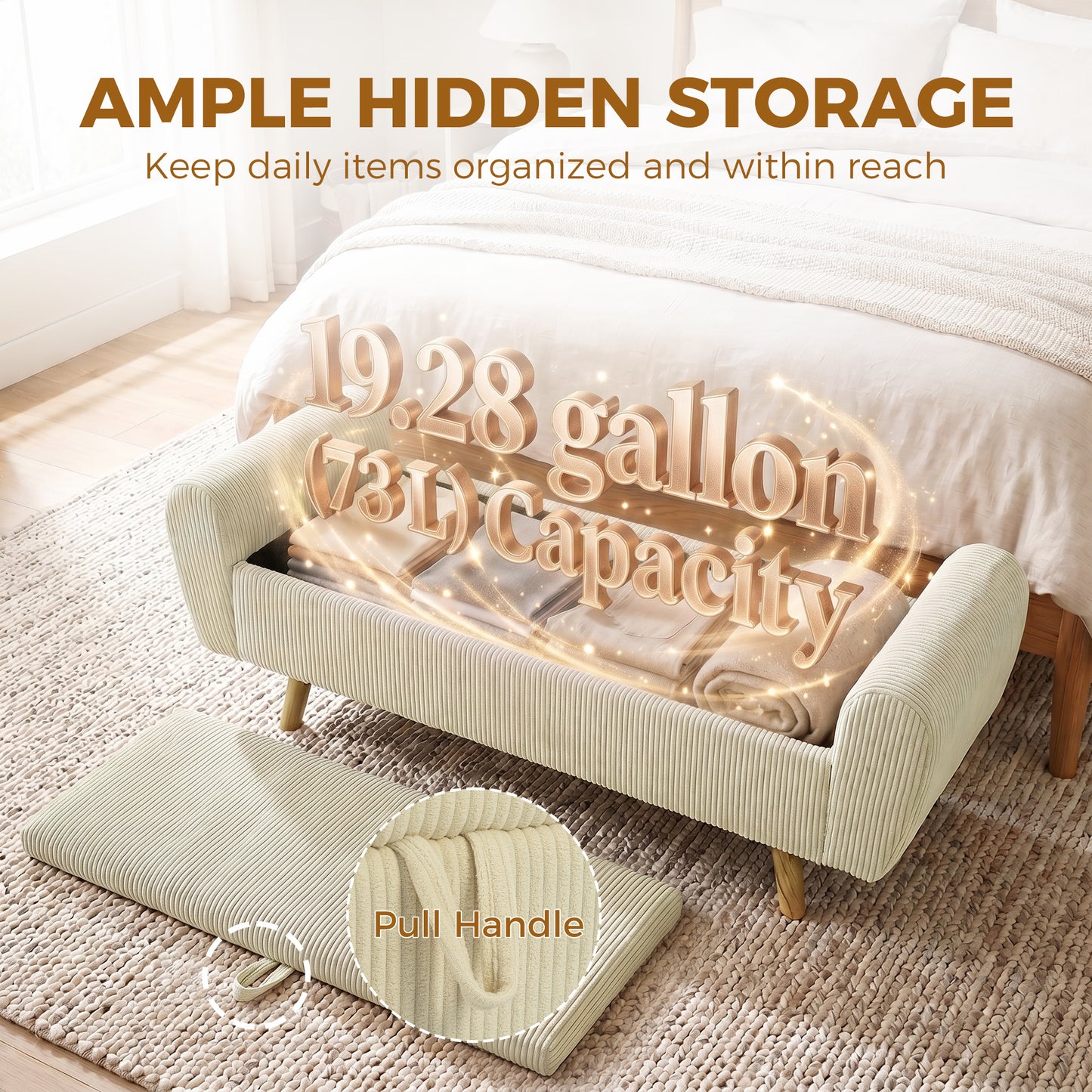 Storage Ottoman, 59" Corduroy End of Bed Storage Bench for King Size Bed with Wooden Legs and Rolled Arms, Beige
