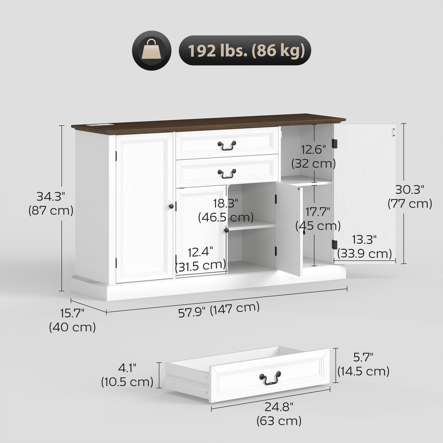 58" Farmhouse Sideboard with Charging Station - White