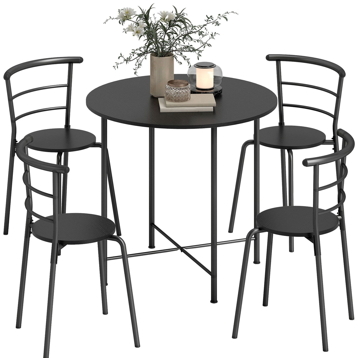 5 Piece Dining Table Set, Space Saving Round Dining Set for 4 with Metal Frame for Small Spaces, Black Wood Grain