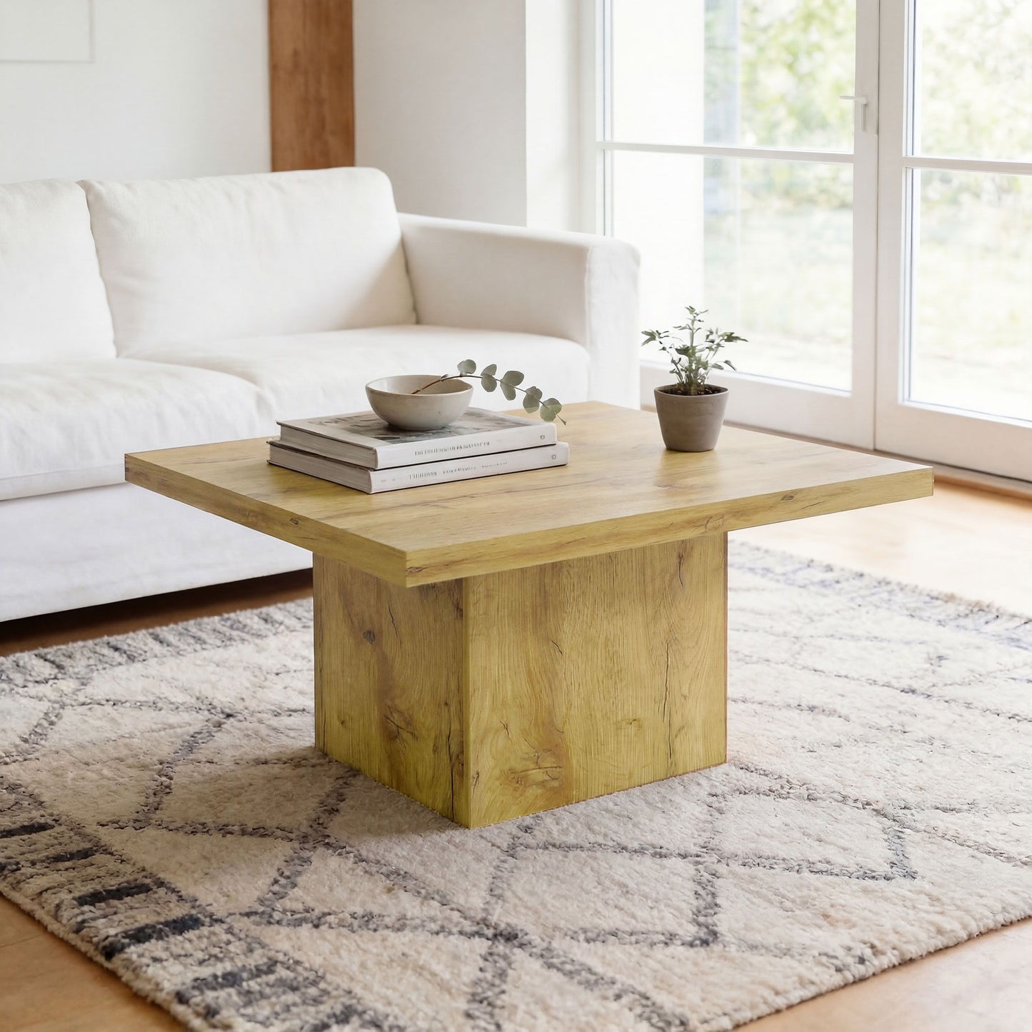 Square Coffee Table, Center Table with 1.6" Thick Tabletop, Natural Wood