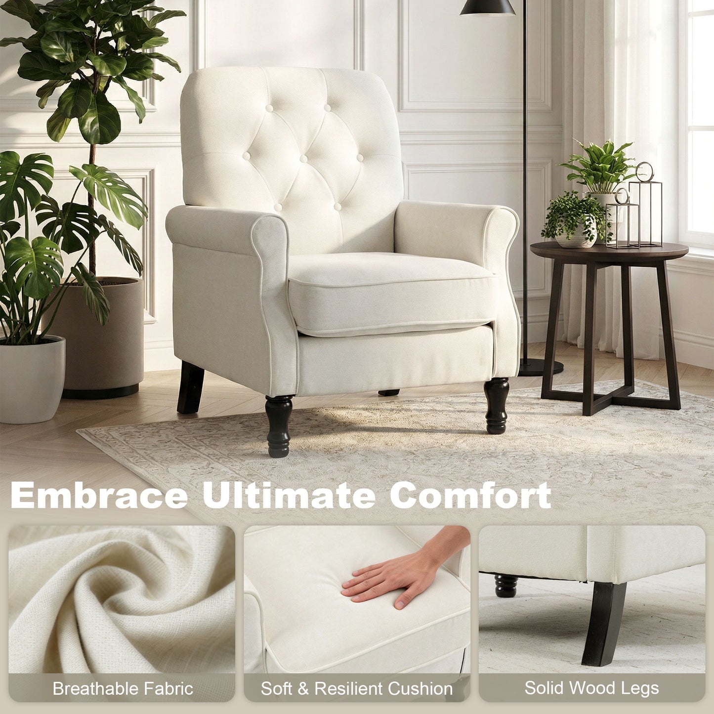 Accent Chair, Mid-Century Modern Armchair with Thick Padded Seat, Spring Cushion, Solid Wood Legs, Cream White