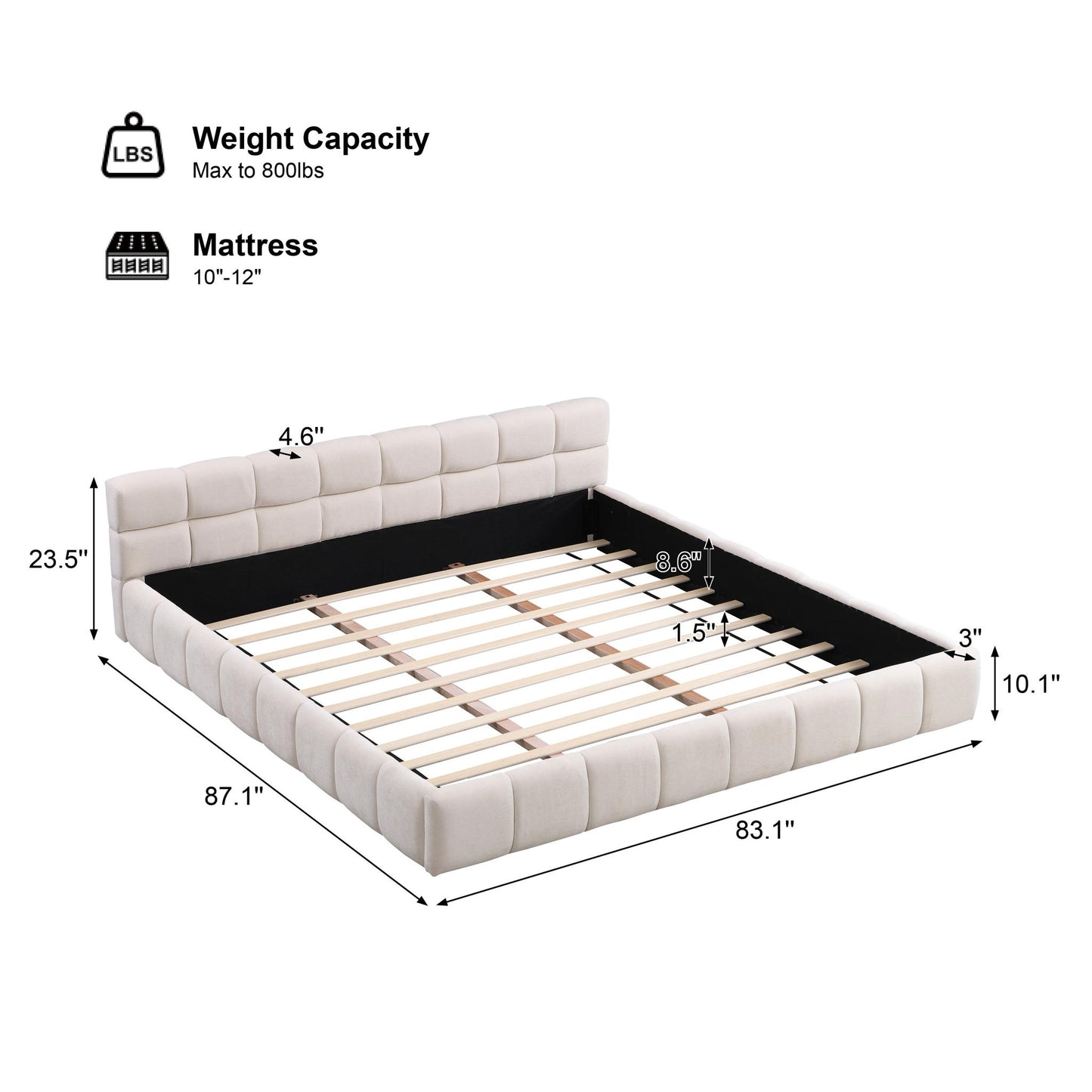 King-Size Chenille Upholstered Bed with Checkerboard Headboard, Durable Bed Frame for Homes and Families, 88'' L x 82.5'' W x 24.5'' H, Beige