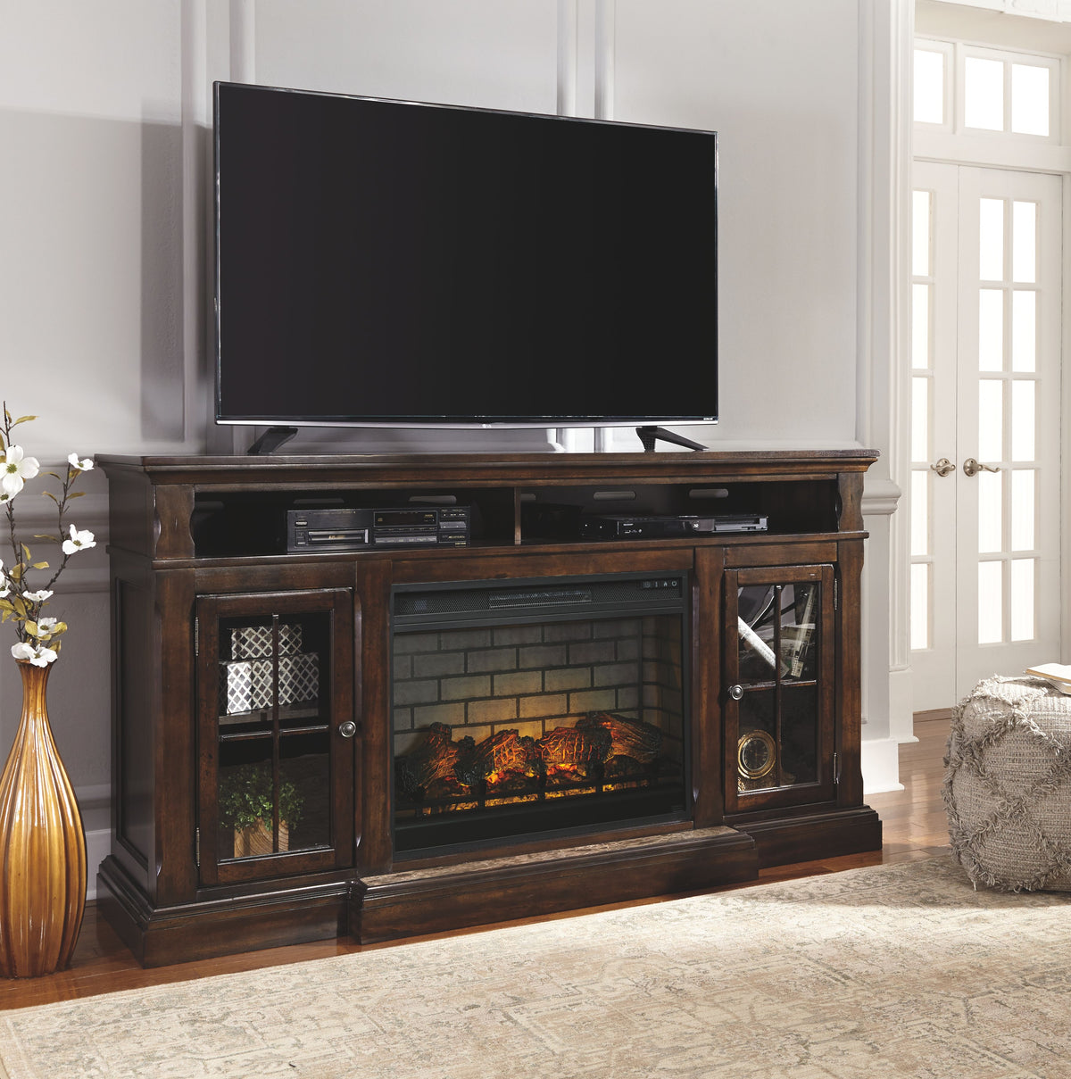 Roddinton - 2 Pc. - 74" TV Stand with Electric Infrared Fireplace Insert - Dark Brown
